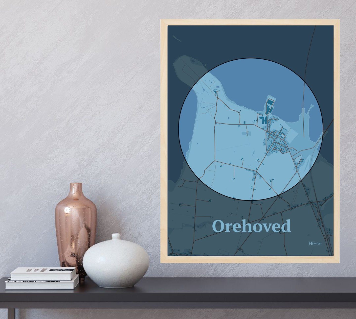 Orehoved plakat i farve og HjemEgn.dk design centrum. Design bykort for Orehoved