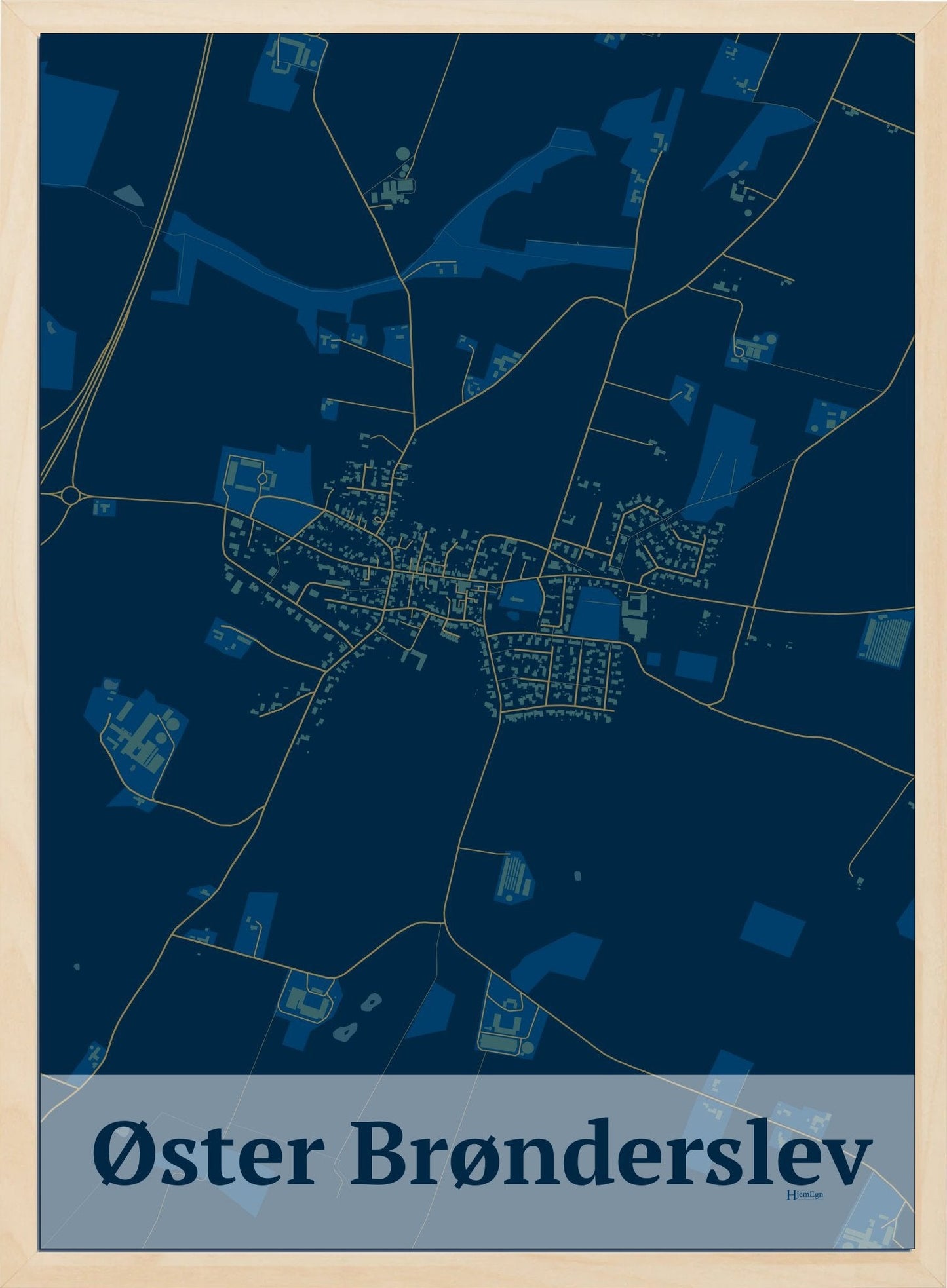 Øster Brønderslev plakat i farve mørk blå og HjemEgn.dk design firkantet. Design bykort for Øster Brønderslev