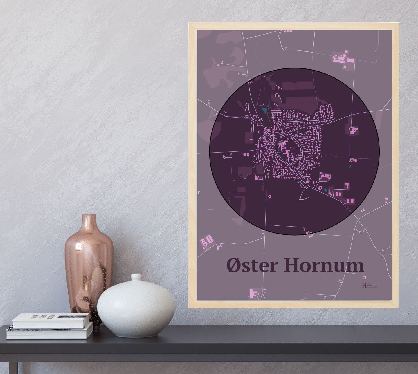 Øster Hornum plakat i farve og HjemEgn.dk design centrum. Design bykort for Øster Hornum