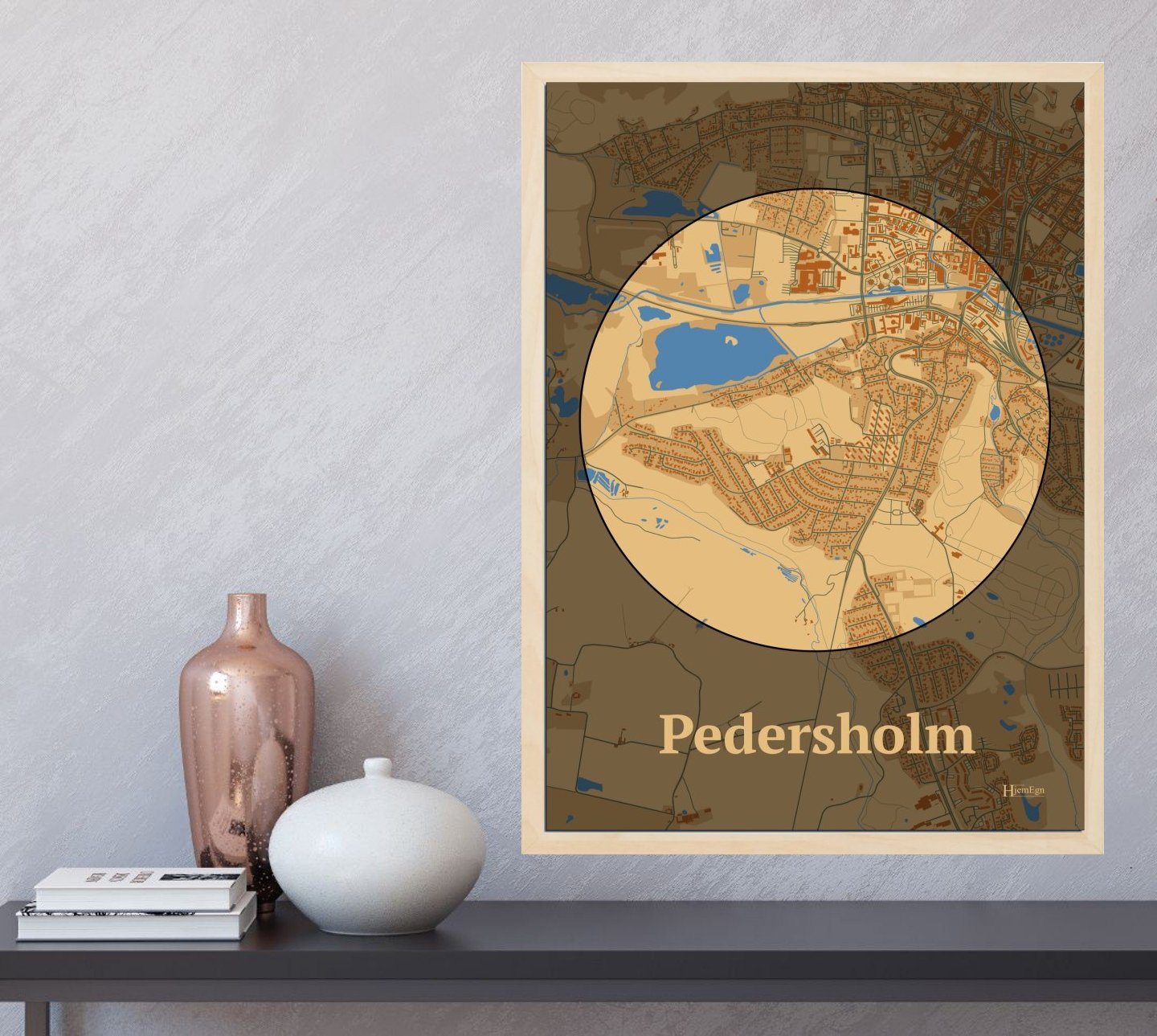 Pedersholm plakat i farve og HjemEgn.dk design centrum. Design bykort for Pedersholm