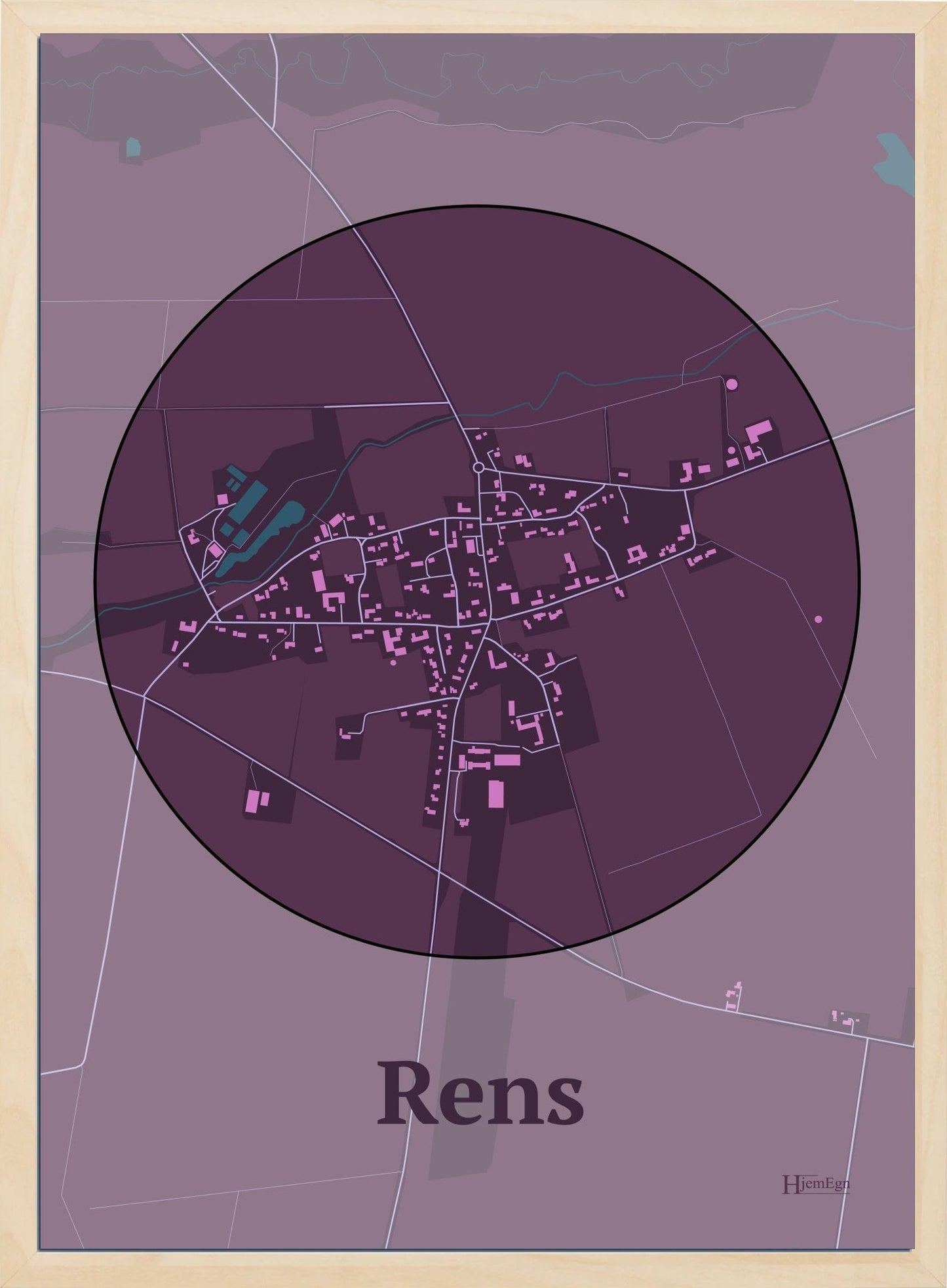 Rens plakat i farve mørk rød og HjemEgn.dk design centrum. Design bykort for Rens