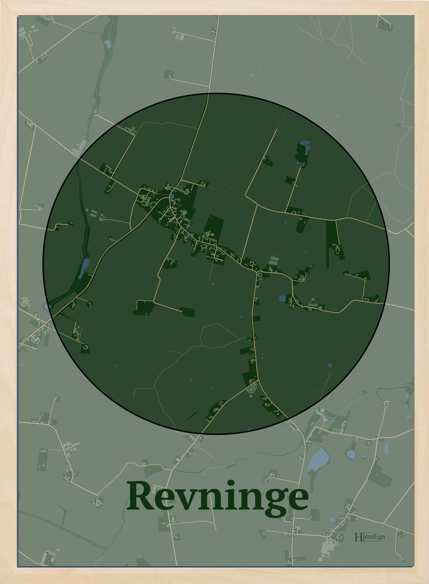 Revninge plakat i farve mørk grøn og HjemEgn.dk design centrum. Design bykort for Revninge