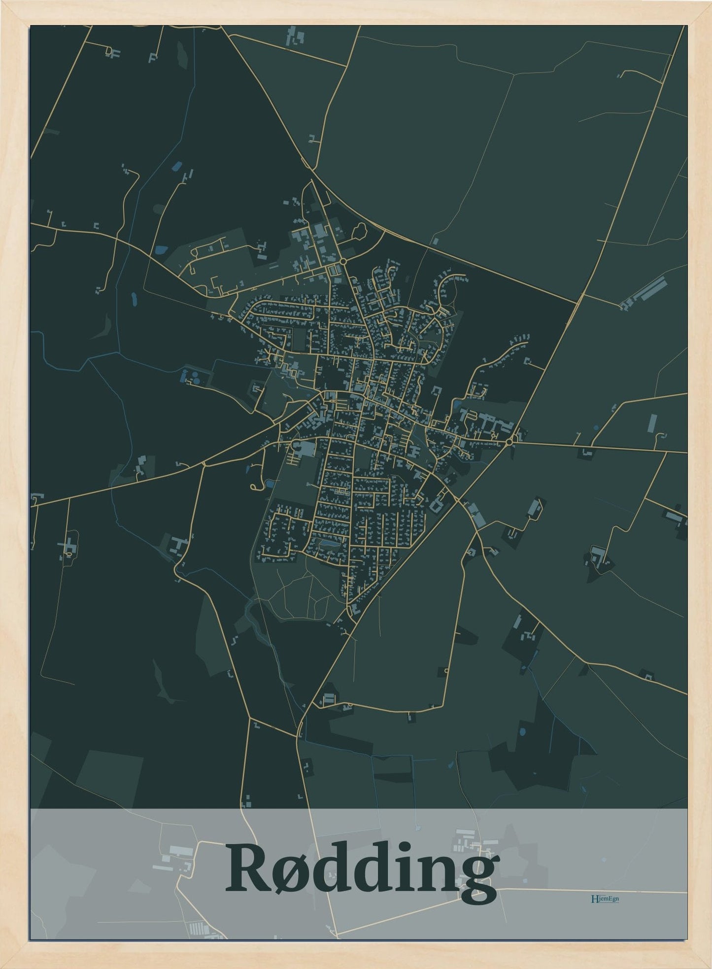 Rødding plakat i farve mørk grøn og HjemEgn.dk design firkantet. Design bykort for Rødding