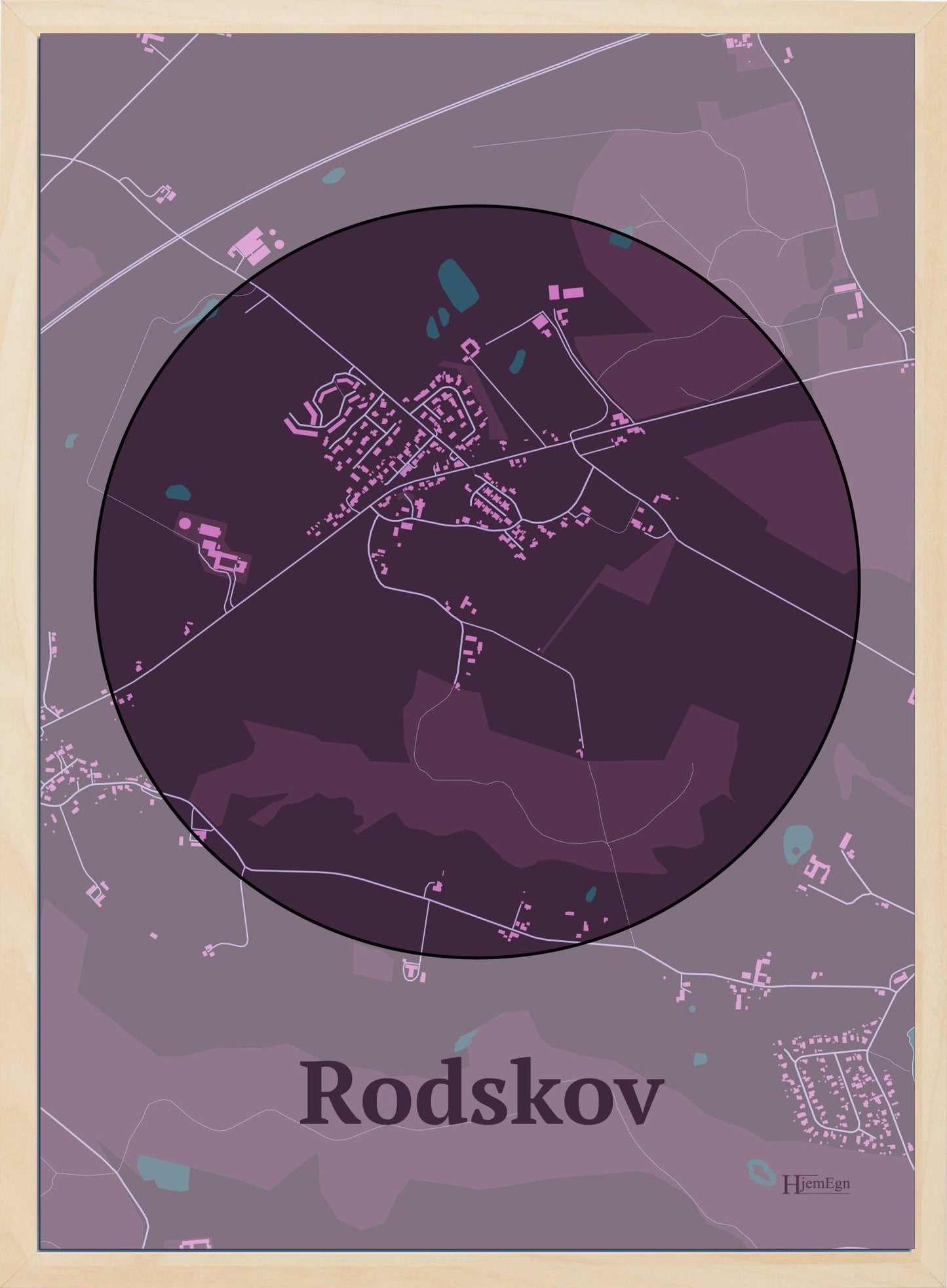 Rodskov plakat i farve mørk rød og HjemEgn.dk design centrum. Design bykort for Rodskov