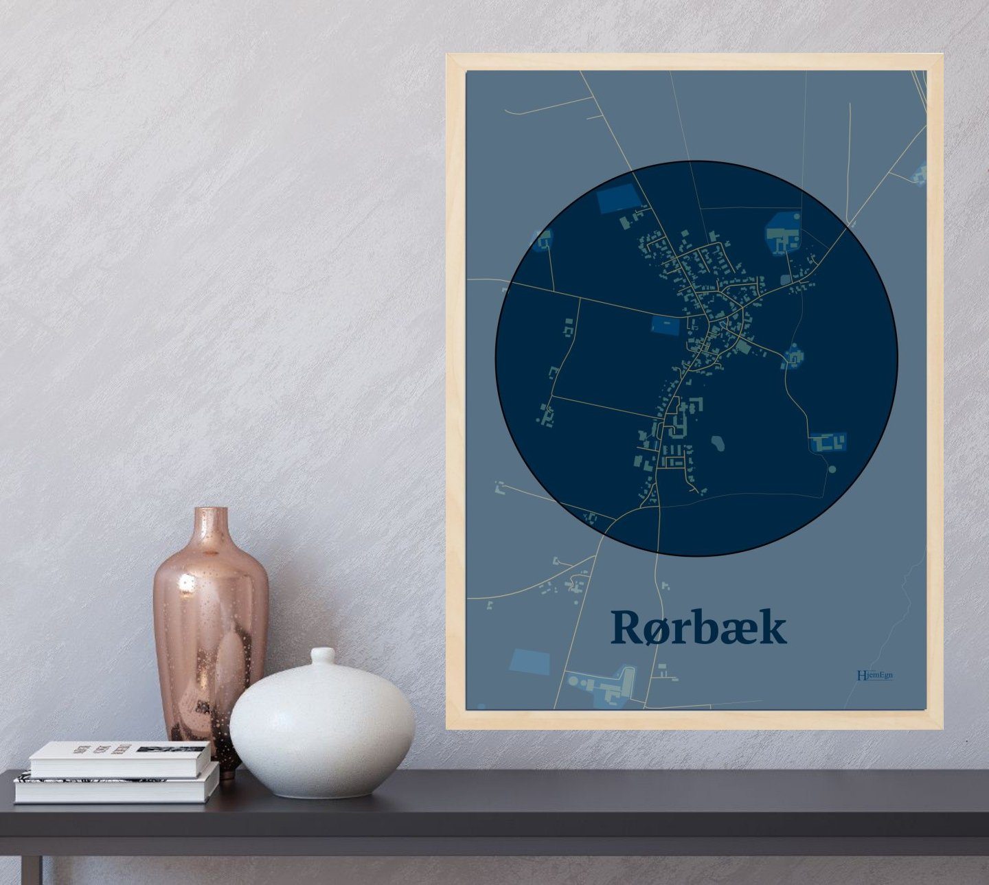 Rørbæk plakat i farve og HjemEgn.dk design centrum. Design bykort for Rørbæk