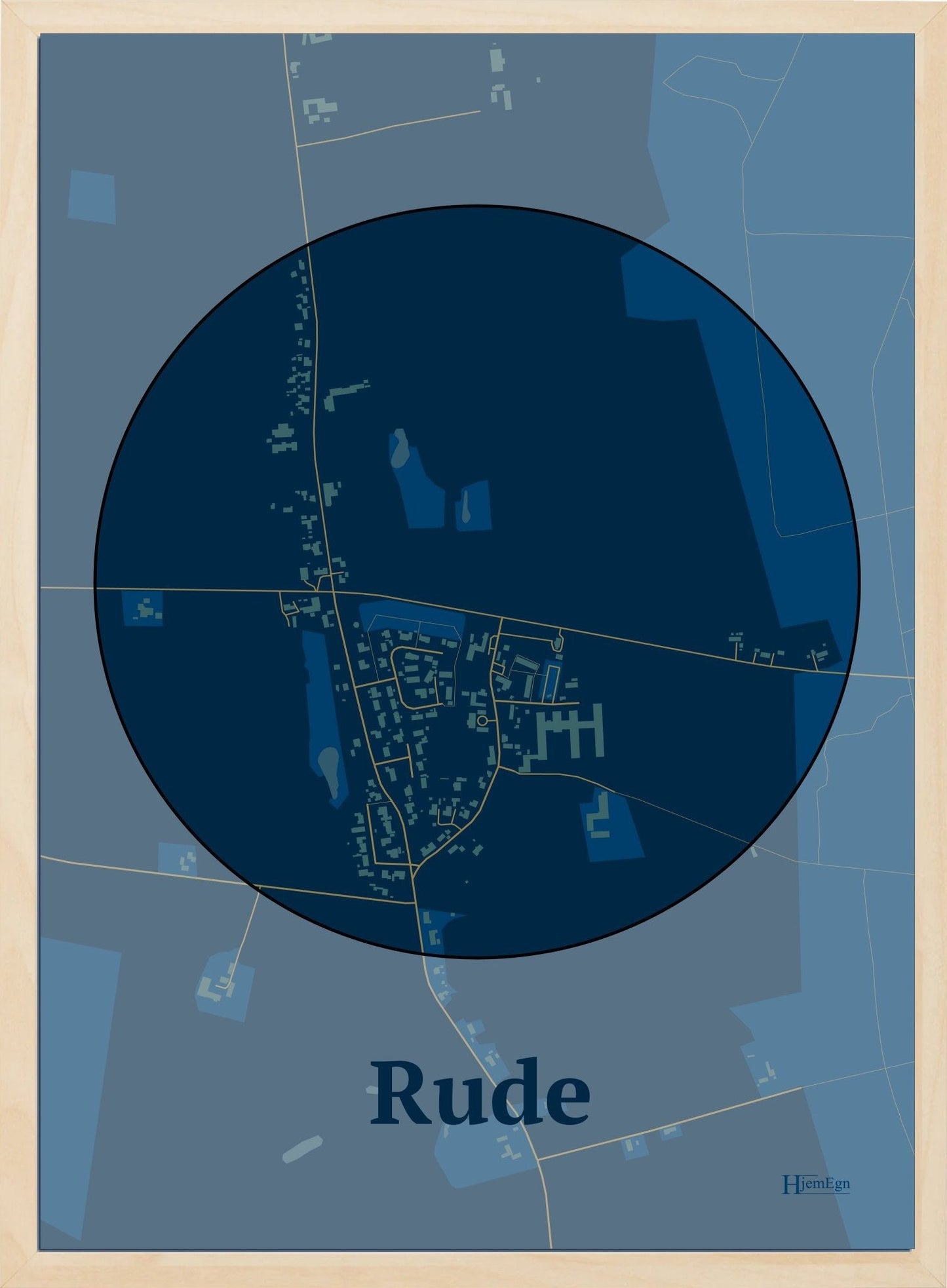 Rude plakat i farve mørk blå og HjemEgn.dk design centrum. Design bykort for Rude