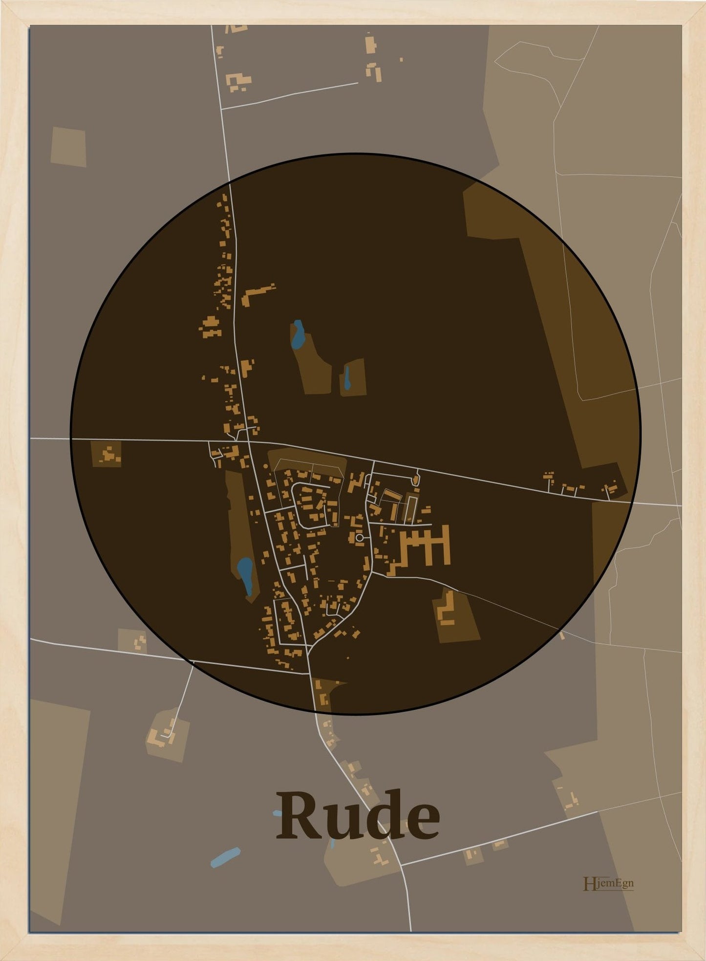 Rude plakat i farve mørk brun og HjemEgn.dk design centrum. Design bykort for Rude