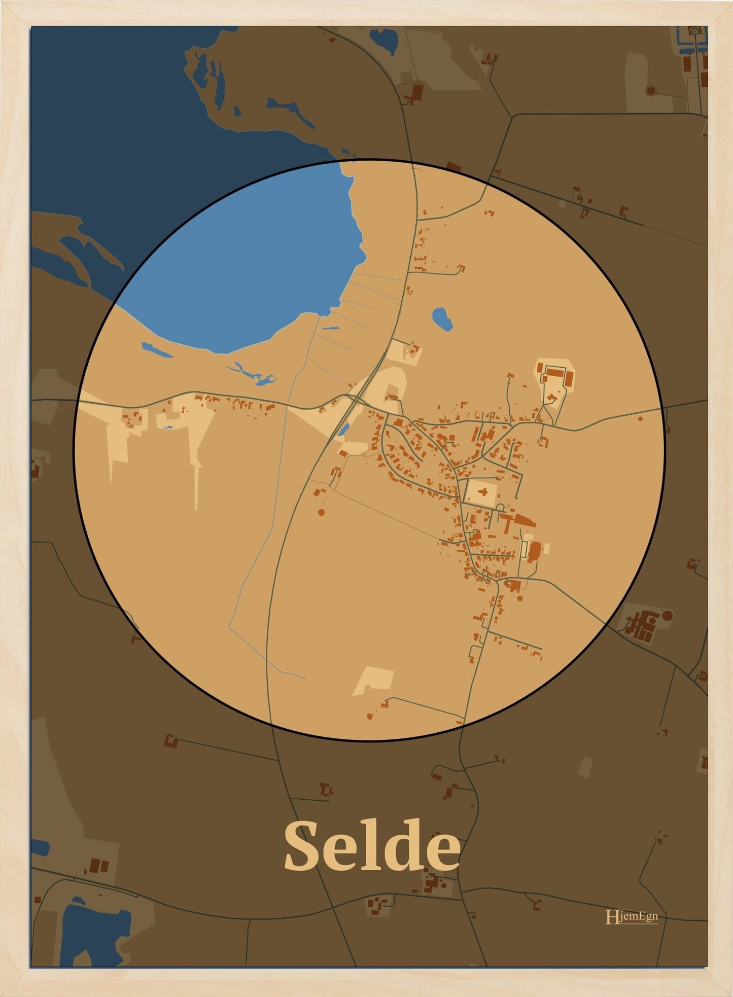 Selde plakat i farve pastel brun og HjemEgn.dk design centrum. Design bykort for Selde