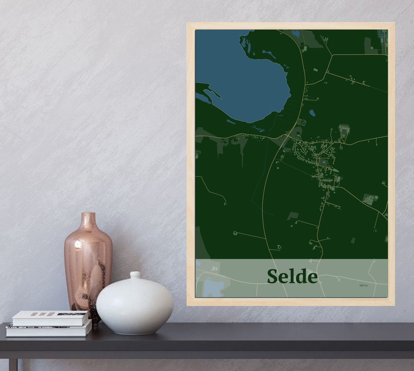 Selde plakat i farve og HjemEgn.dk design firkantet. Design bykort for Selde