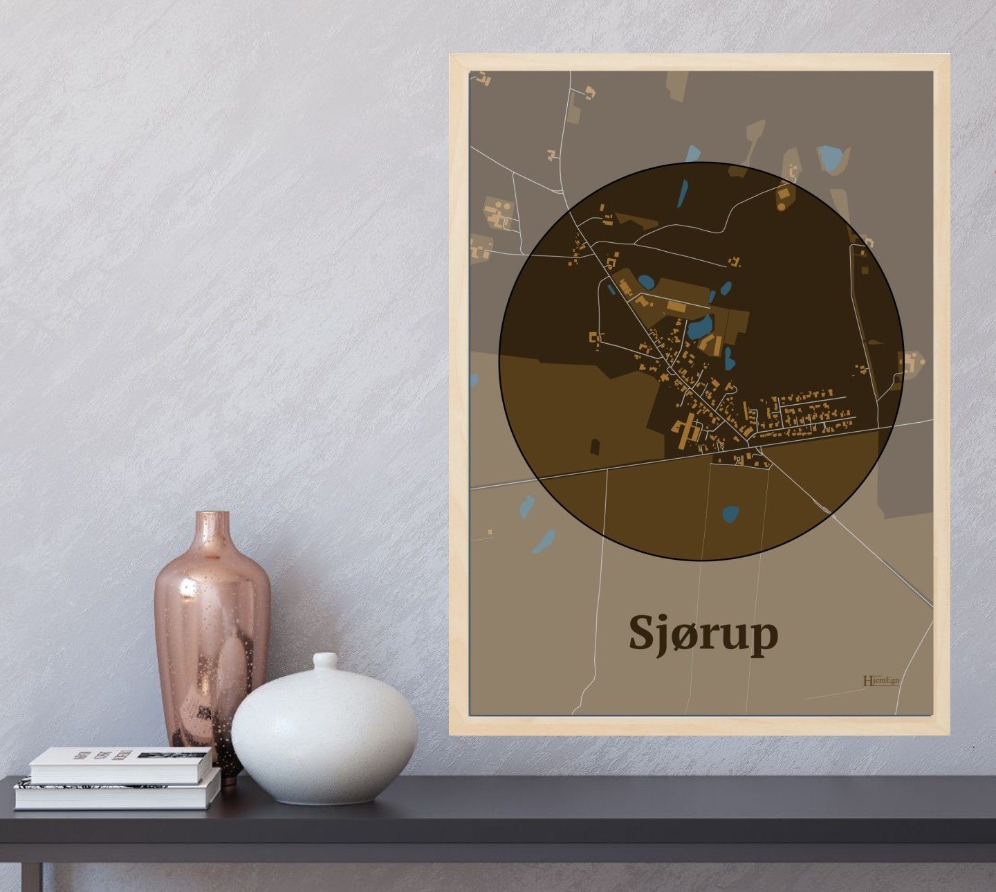 Sjørup plakat i farve og HjemEgn.dk design centrum. Design bykort for Sjørup