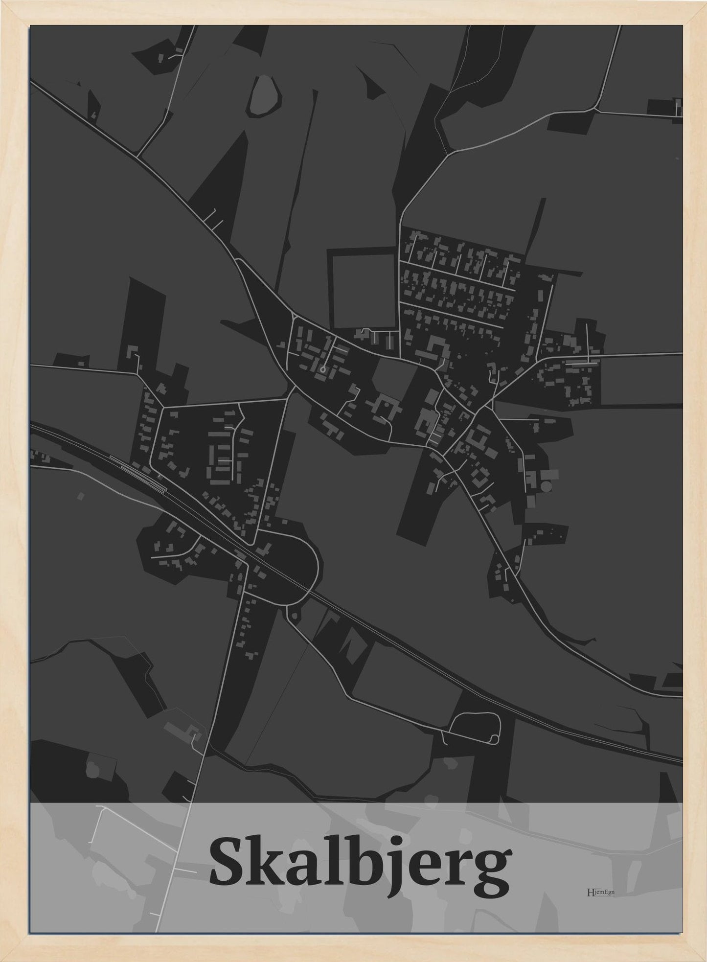 Skalbjerg plakat i farve mørk grå og HjemEgn.dk design firkantet. Design bykort for Skalbjerg