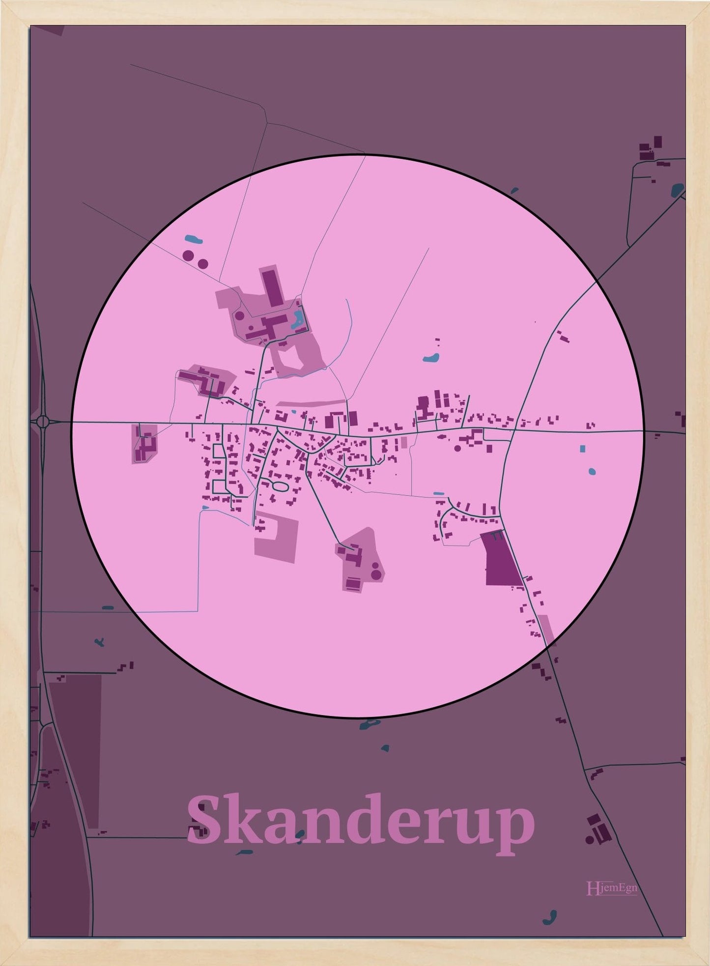 Skanderup plakat i farve pastel rød og HjemEgn.dk design centrum. Design bykort for Skanderup