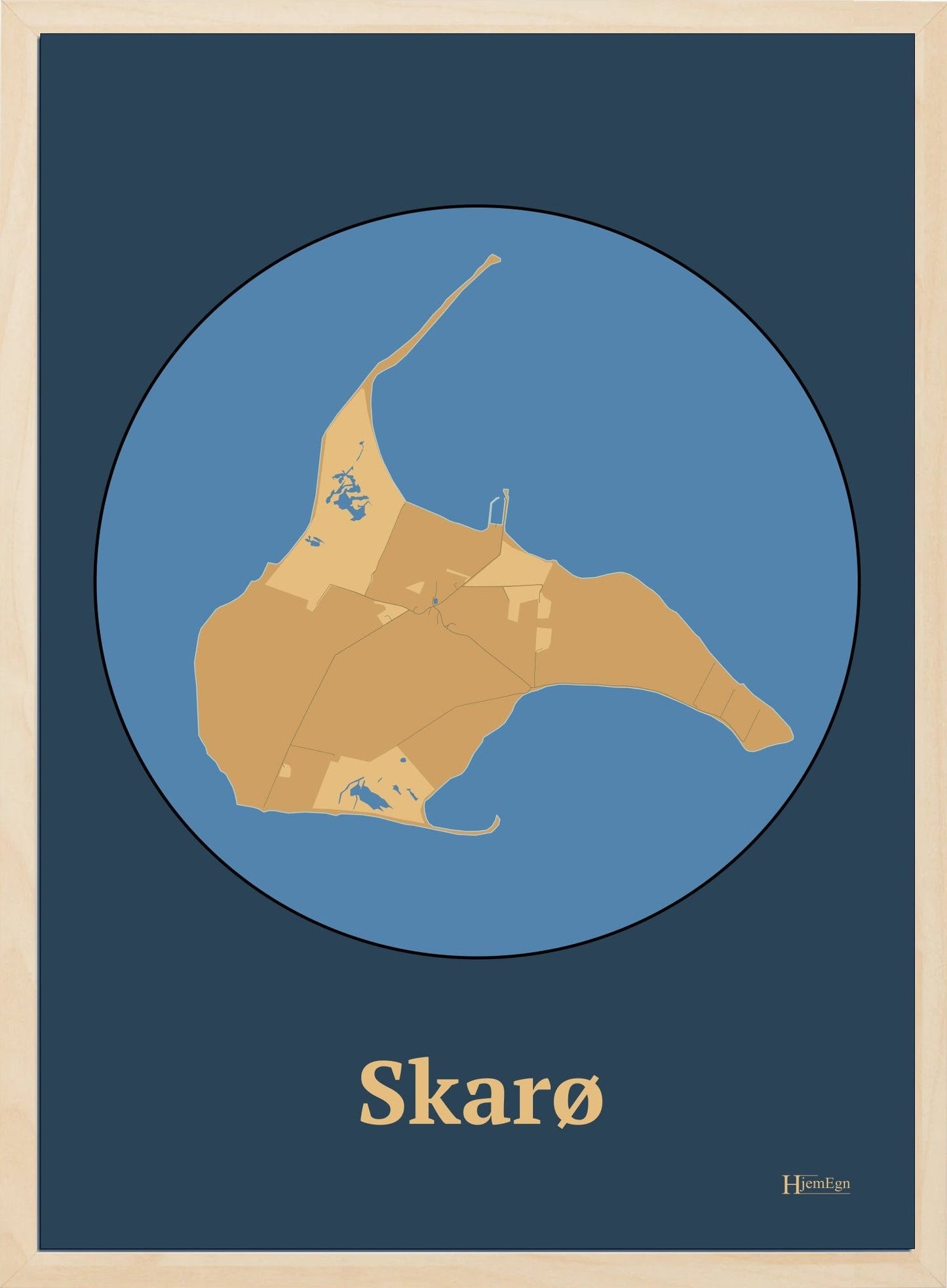 Skarø plakat i farve pastel brun og HjemEgn.dk design centrum. Design ø-kort for Skarø