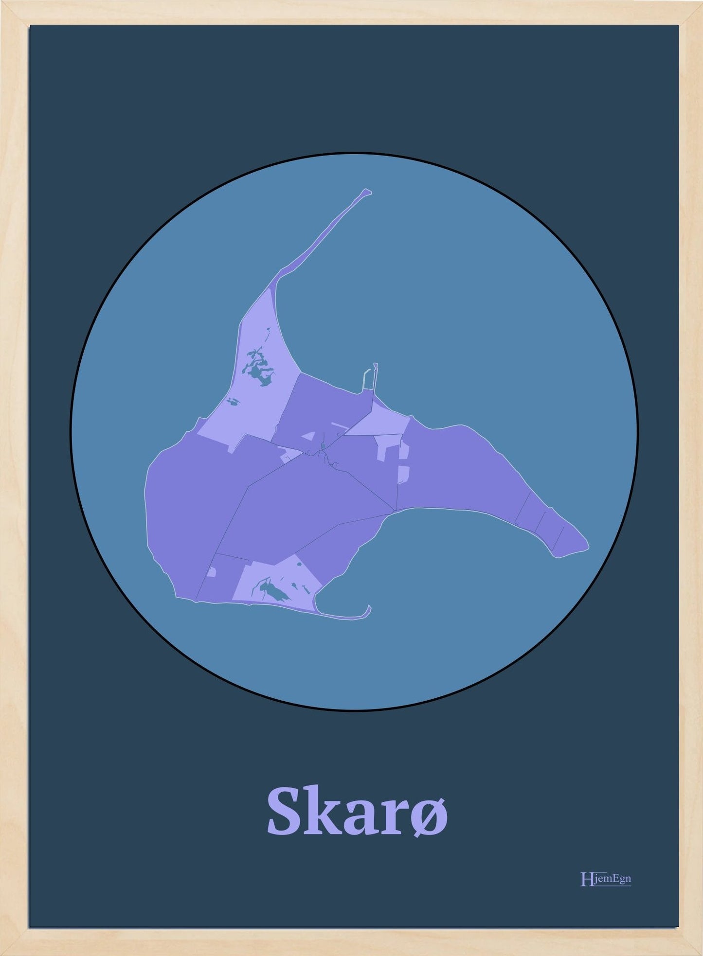 Skarø plakat i farve pastel lilla og HjemEgn.dk design centrum. Design ø-kort for Skarø