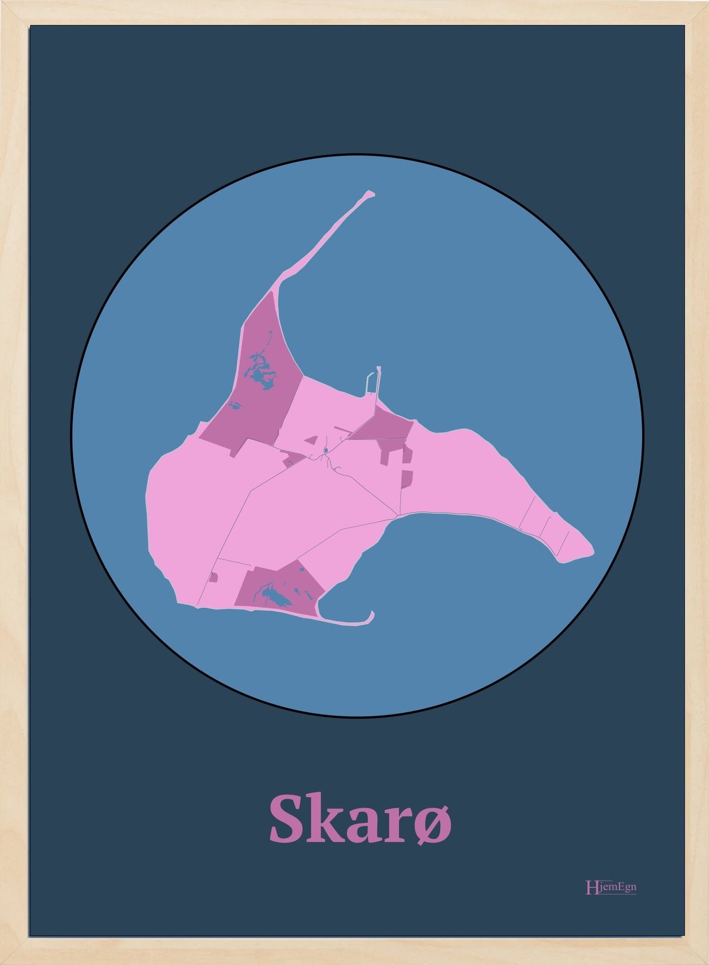 Skarø plakat i farve pastel rød og HjemEgn.dk design centrum. Design ø-kort for Skarø