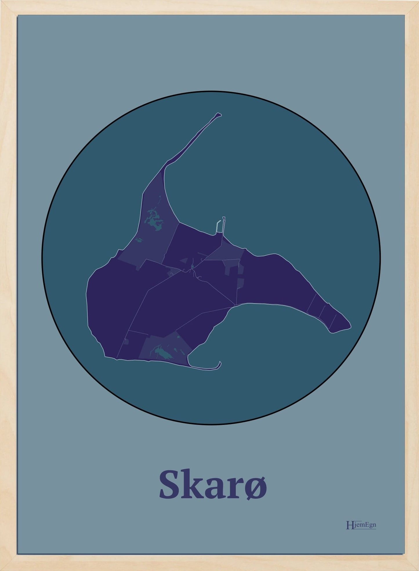 Skarø plakat i farve mørk lilla og HjemEgn.dk design centrum. Design ø-kort for Skarø