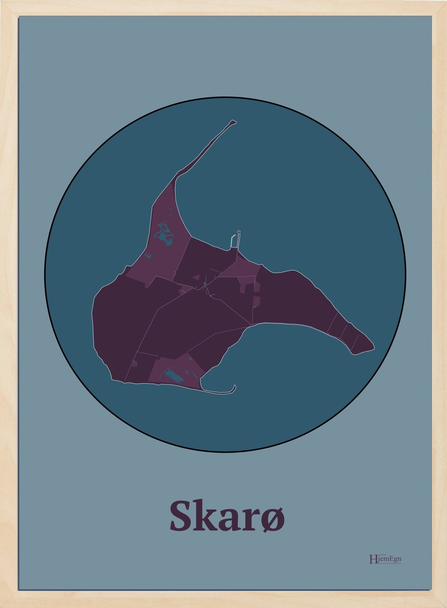 Skarø plakat i farve mørk rød og HjemEgn.dk design centrum. Design ø-kort for Skarø