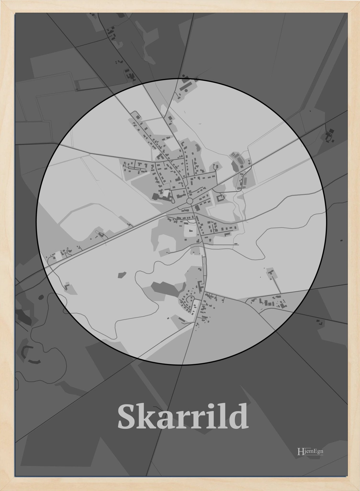 Skarrild plakat i farve pastel grå og HjemEgn.dk design centrum. Design bykort for Skarrild