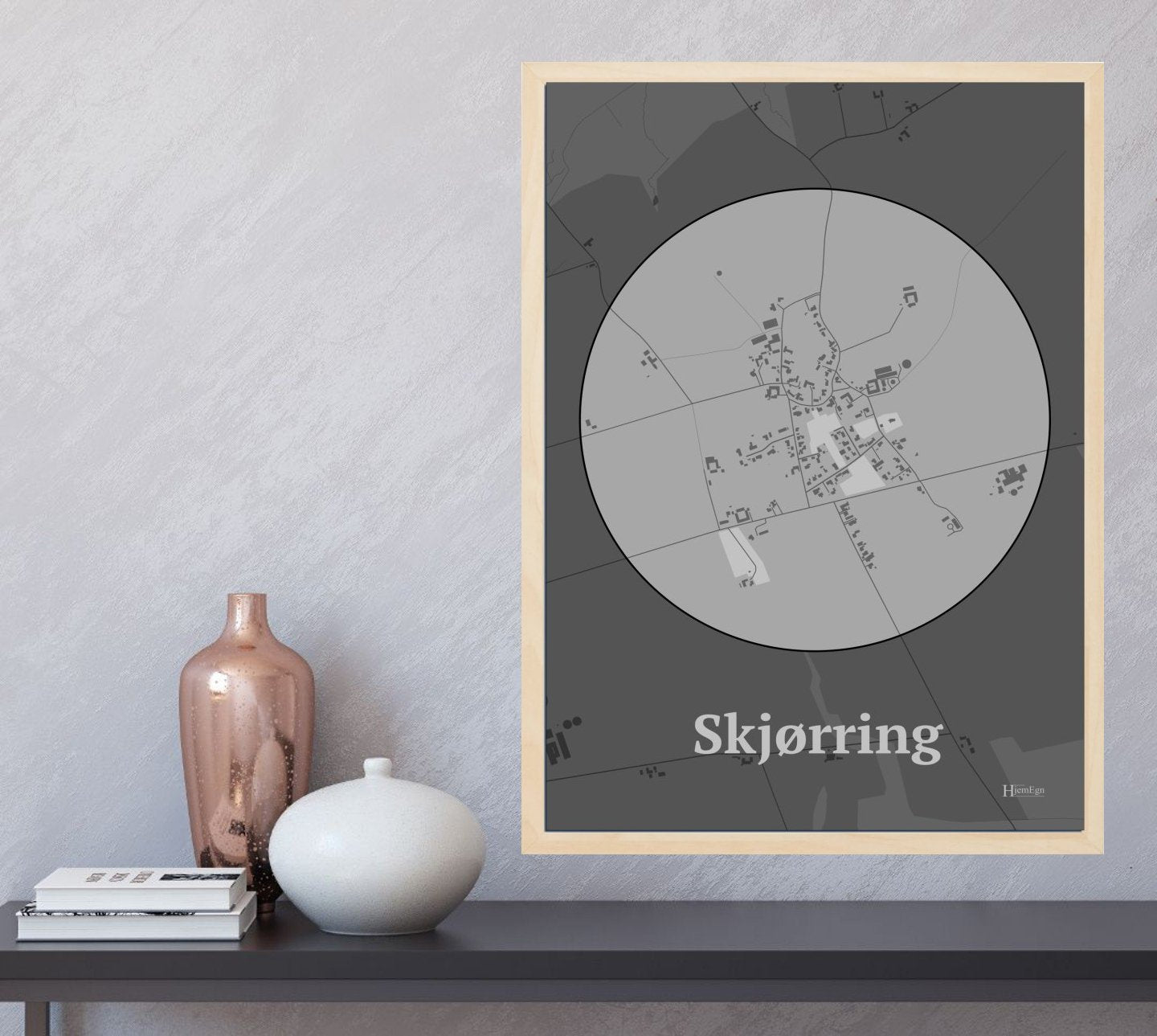 Skjørring plakat i farve og HjemEgn.dk design centrum. Design bykort for Skjørring