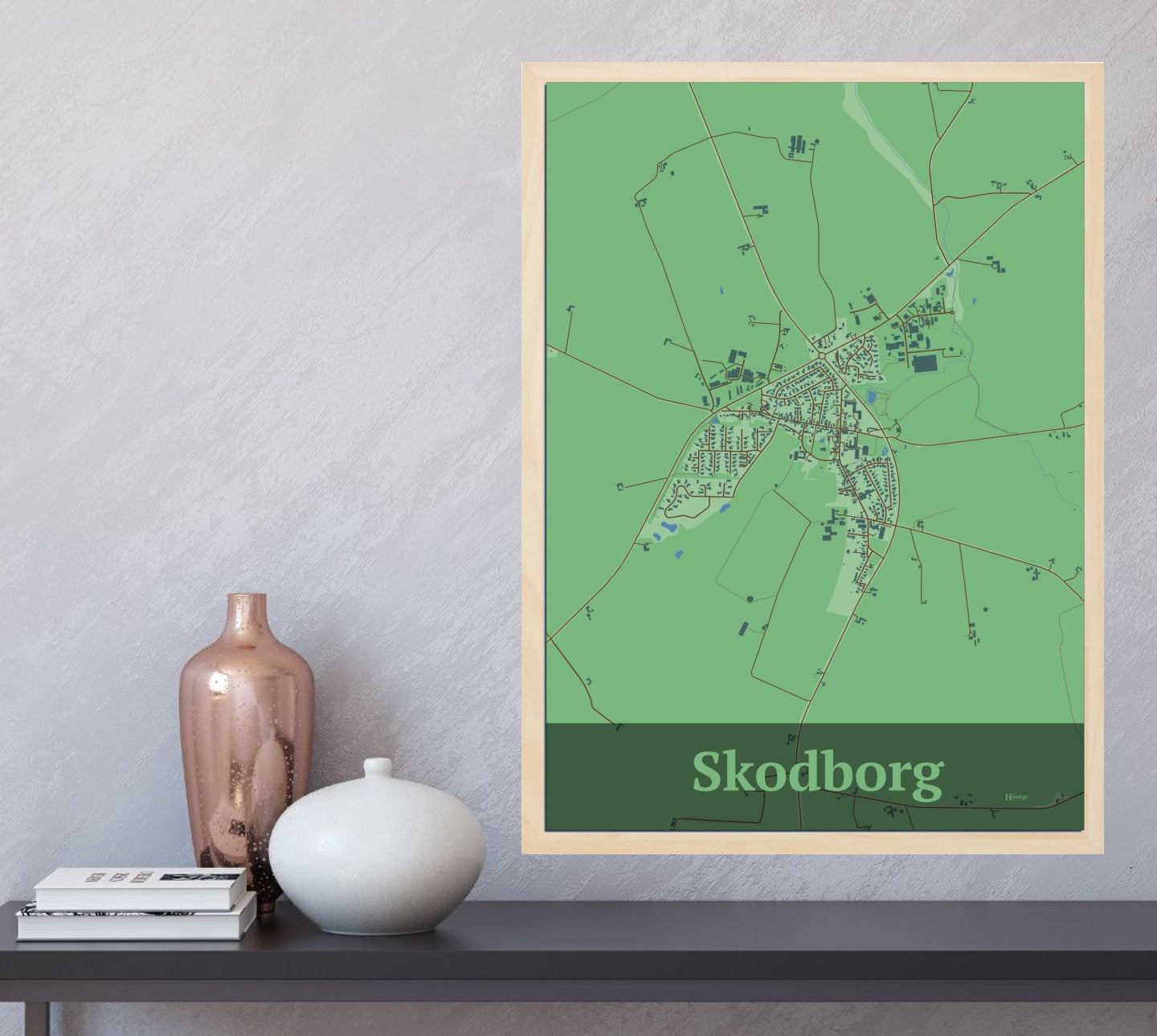 Skodborg plakat i farve og HjemEgn.dk design firkantet. Design bykort for Skodborg