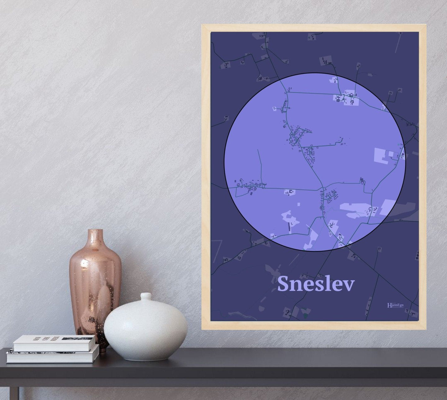 Sneslev plakat i farve og HjemEgn.dk design centrum. Design bykort for Sneslev