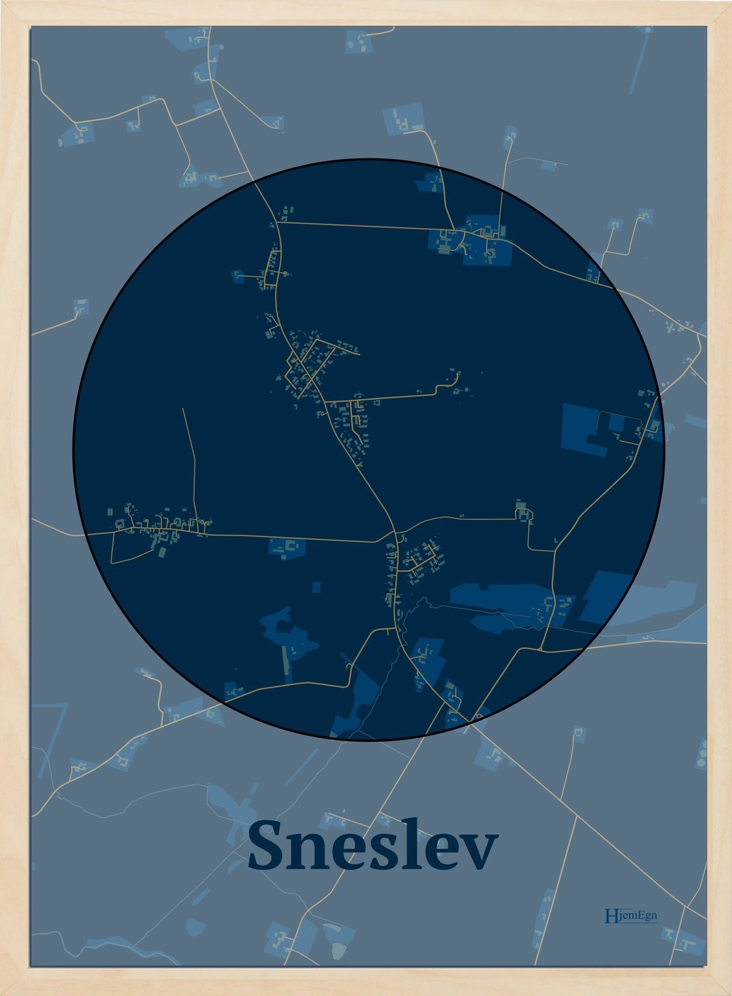 Sneslev plakat i farve mørk blå og HjemEgn.dk design centrum. Design bykort for Sneslev