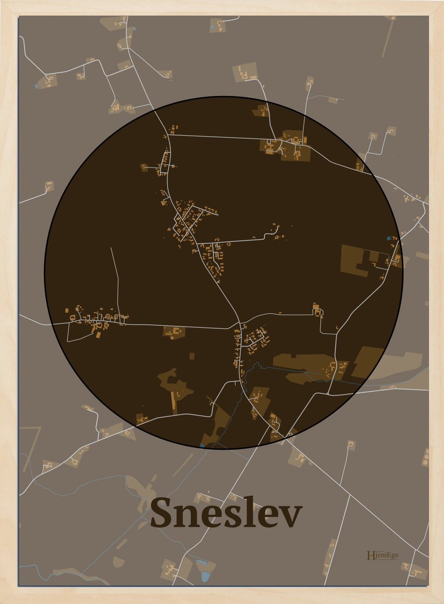 Sneslev plakat i farve mørk brun og HjemEgn.dk design centrum. Design bykort for Sneslev