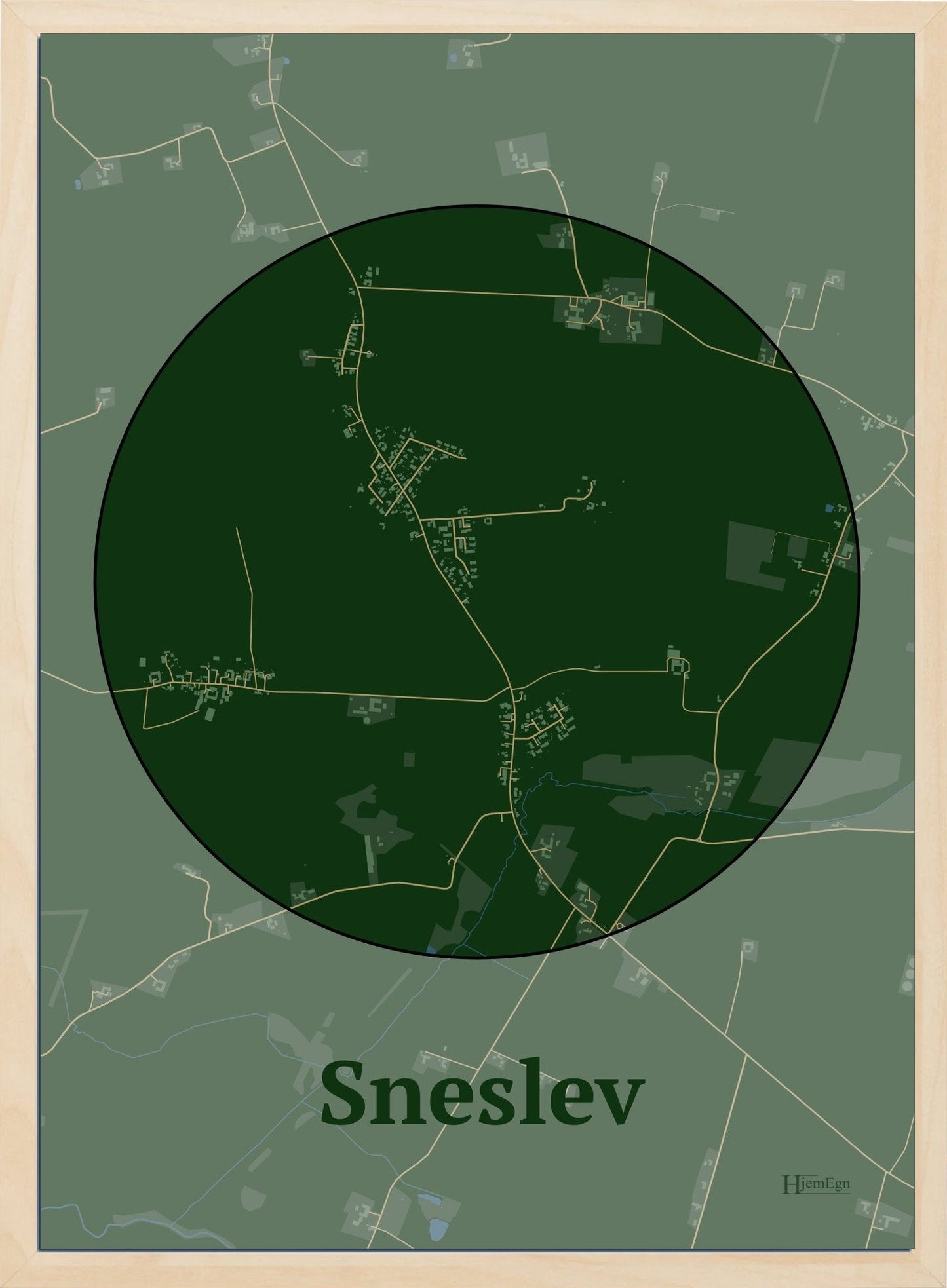 Sneslev plakat i farve mørk grøn og HjemEgn.dk design centrum. Design bykort for Sneslev
