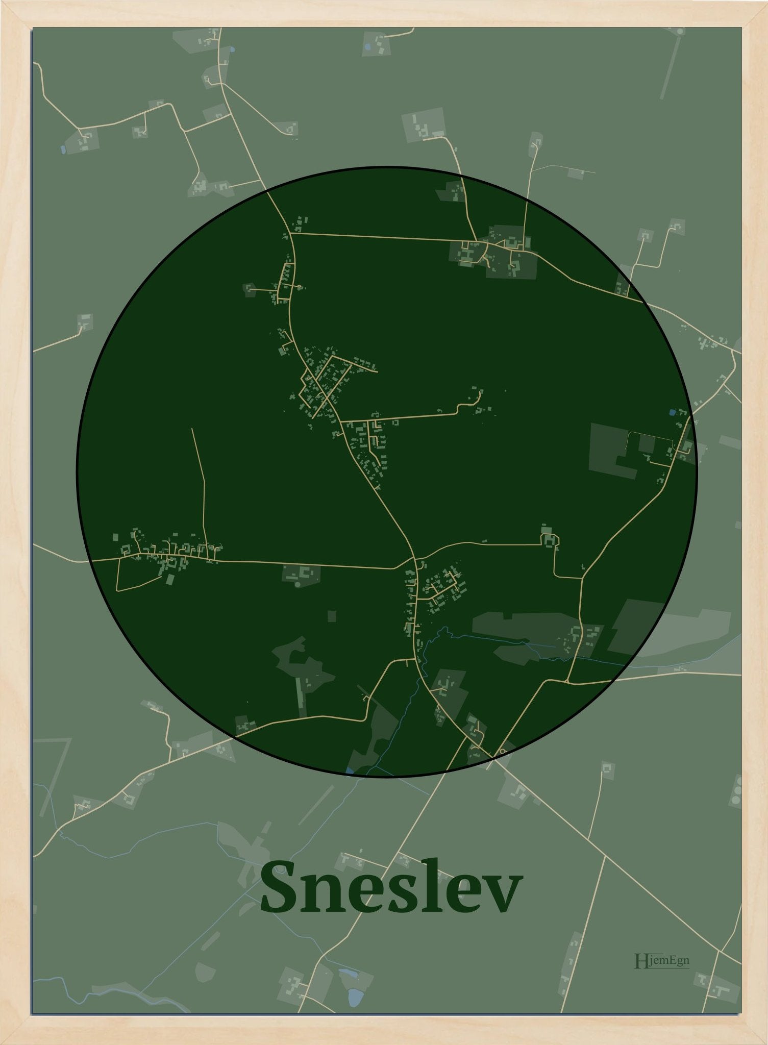 Sneslev plakat i farve mørk grøn og HjemEgn.dk design centrum. Design bykort for Sneslev