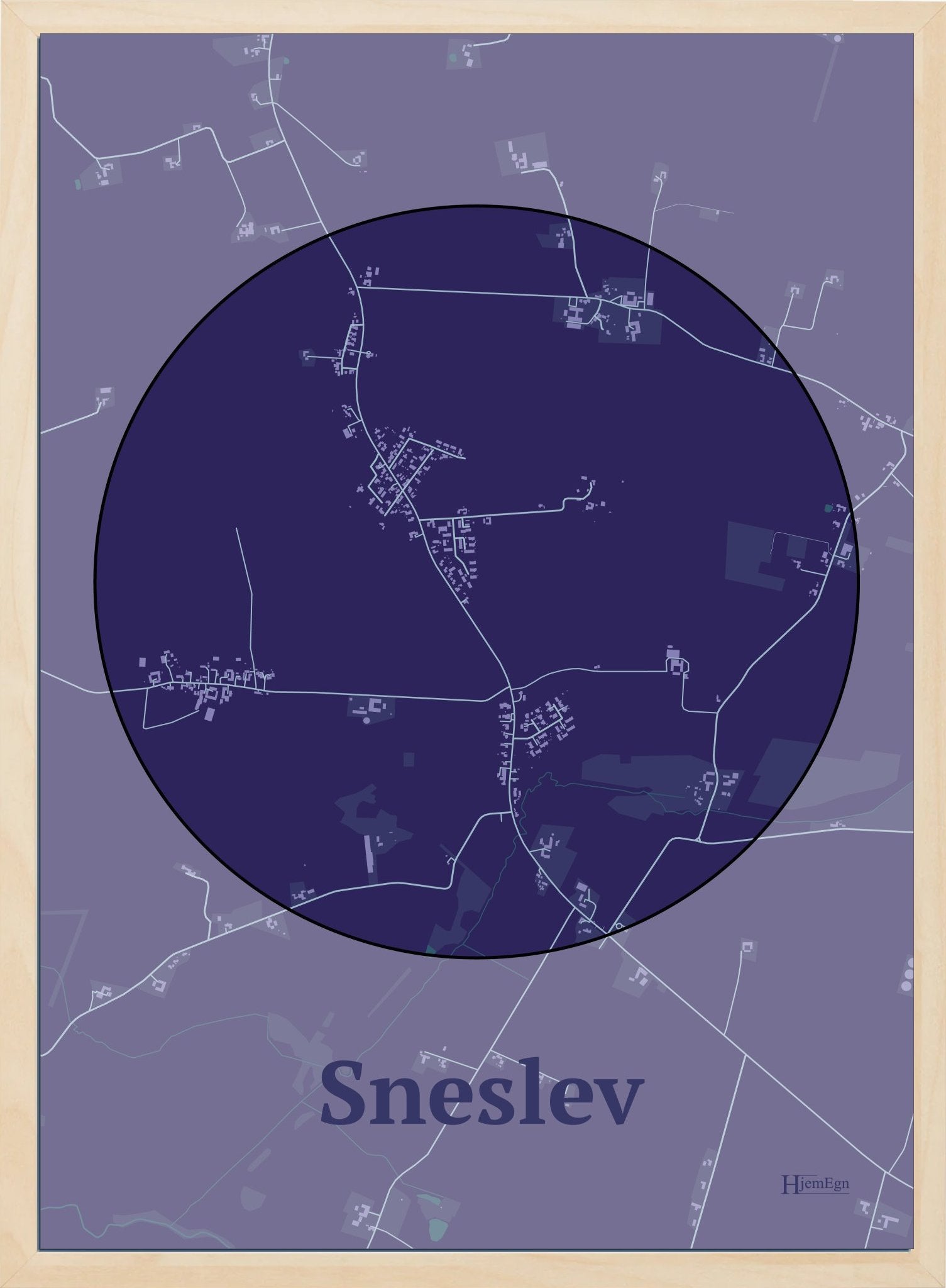 Sneslev plakat i farve mørk lilla og HjemEgn.dk design centrum. Design bykort for Sneslev