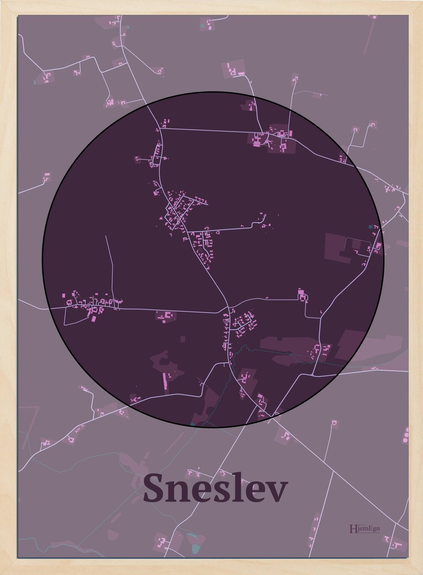 Sneslev plakat i farve mørk rød og HjemEgn.dk design centrum. Design bykort for Sneslev