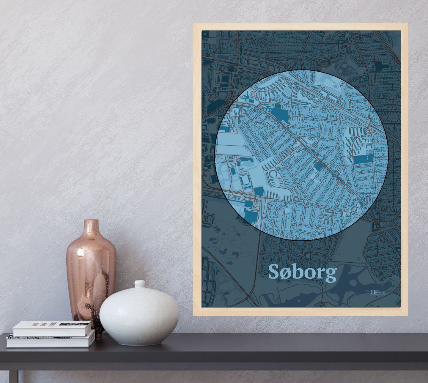 Søborg plakat i farve og HjemEgn.dk design centrum. Design bykort for Søborg