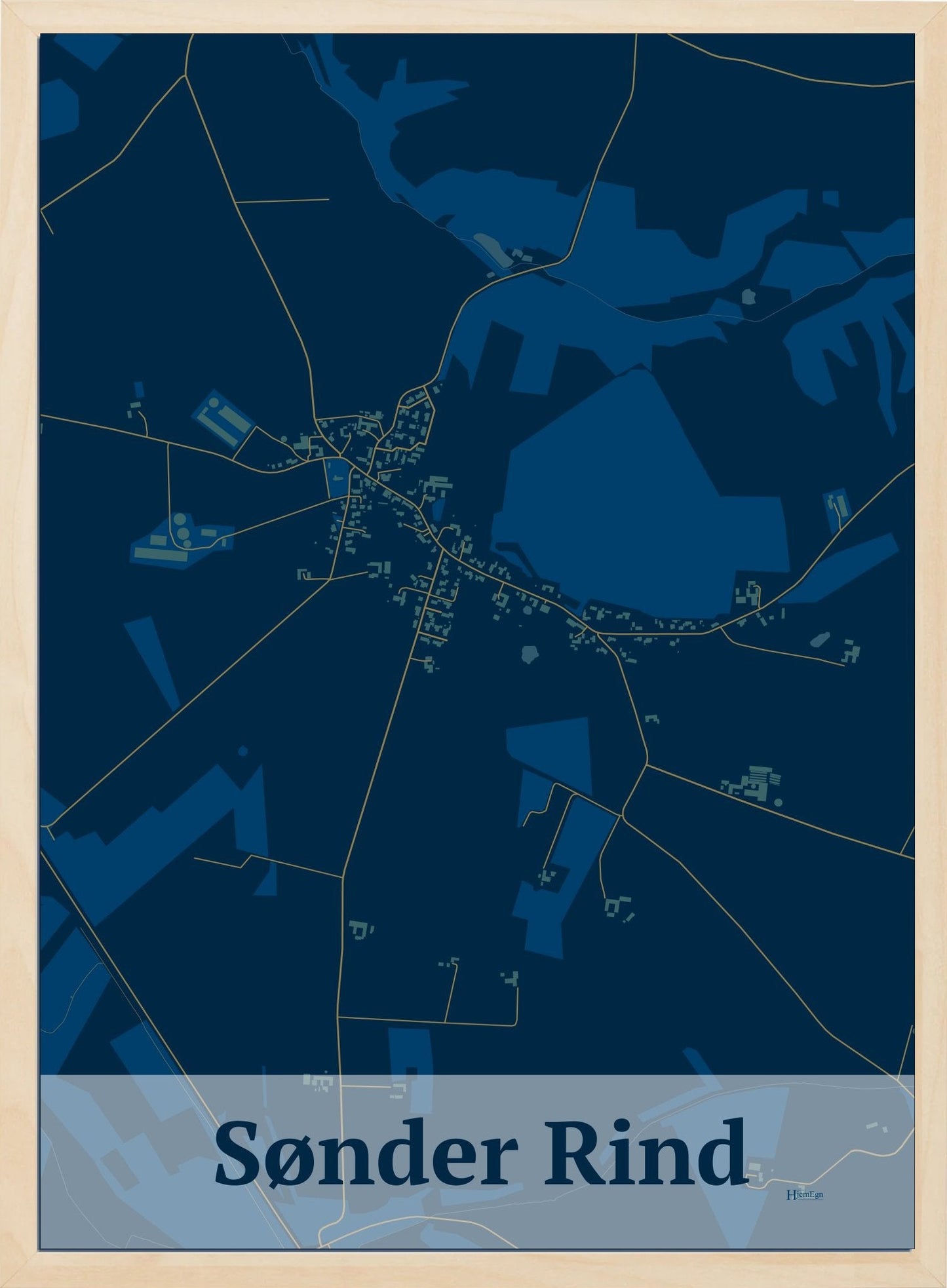 Sønder Rind plakat i farve mørk blå og HjemEgn.dk design firkantet. Design bykort for Sønder Rind