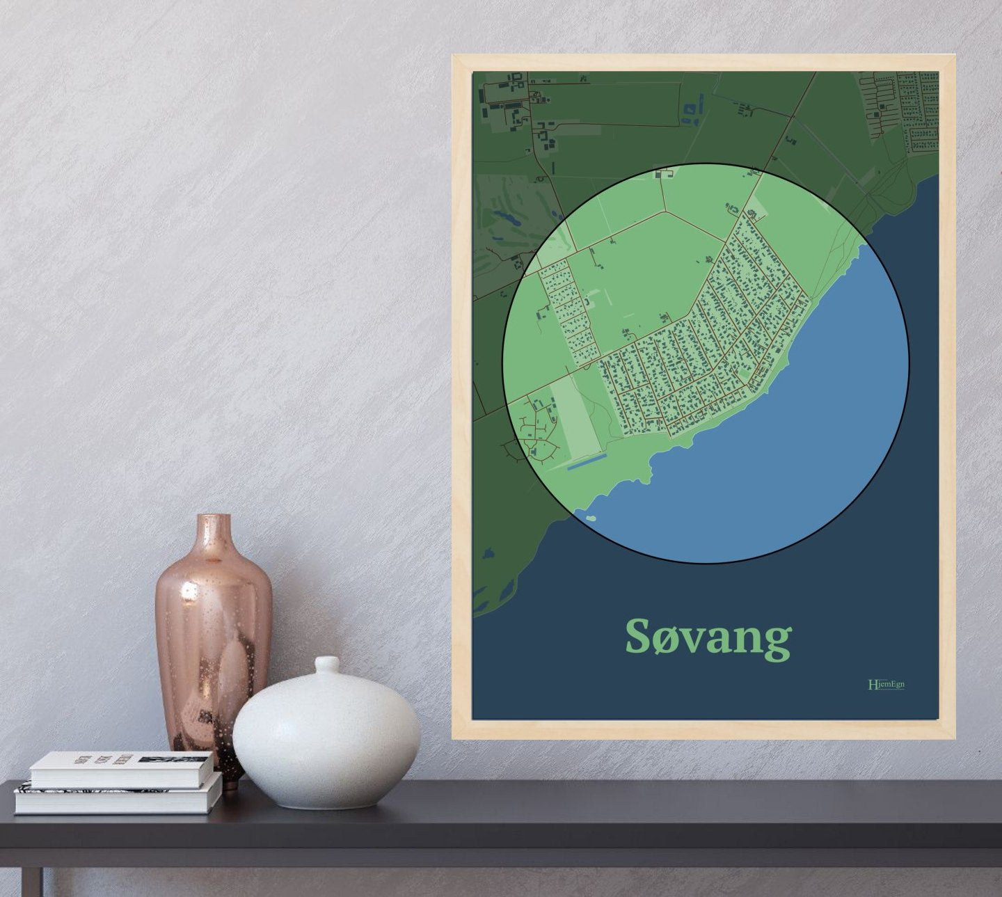 Søvang plakat i farve og HjemEgn.dk design centrum. Design bykort for Søvang