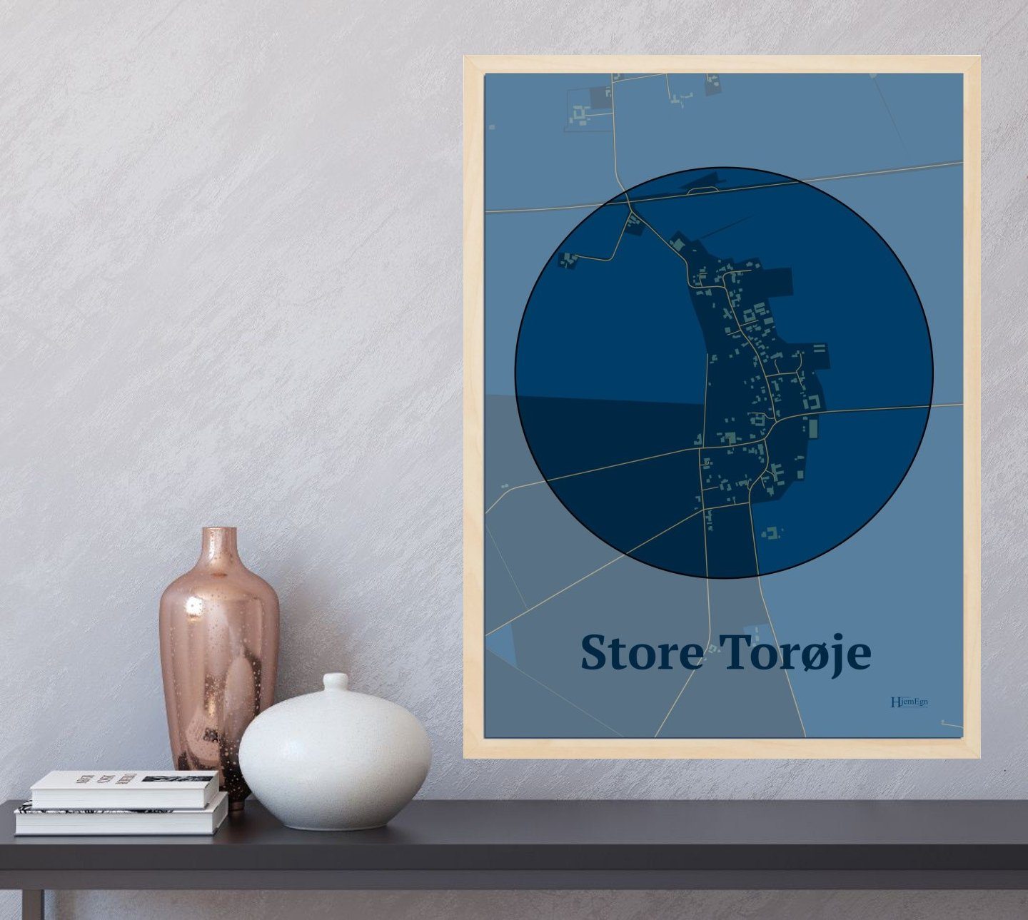 Store Torøje plakat i farve og HjemEgn.dk design centrum. Design bykort for Store Torøje
