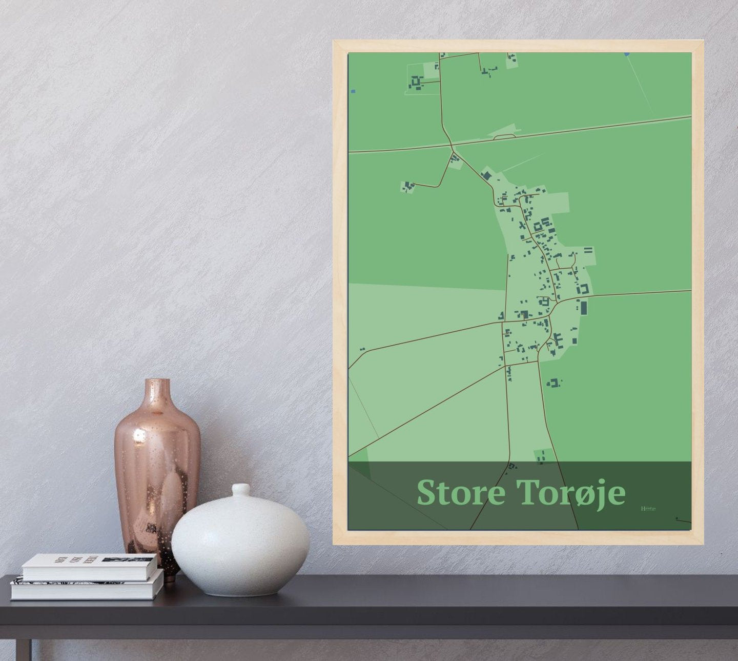 Store Torøje plakat i farve og HjemEgn.dk design firkantet. Design bykort for Store Torøje