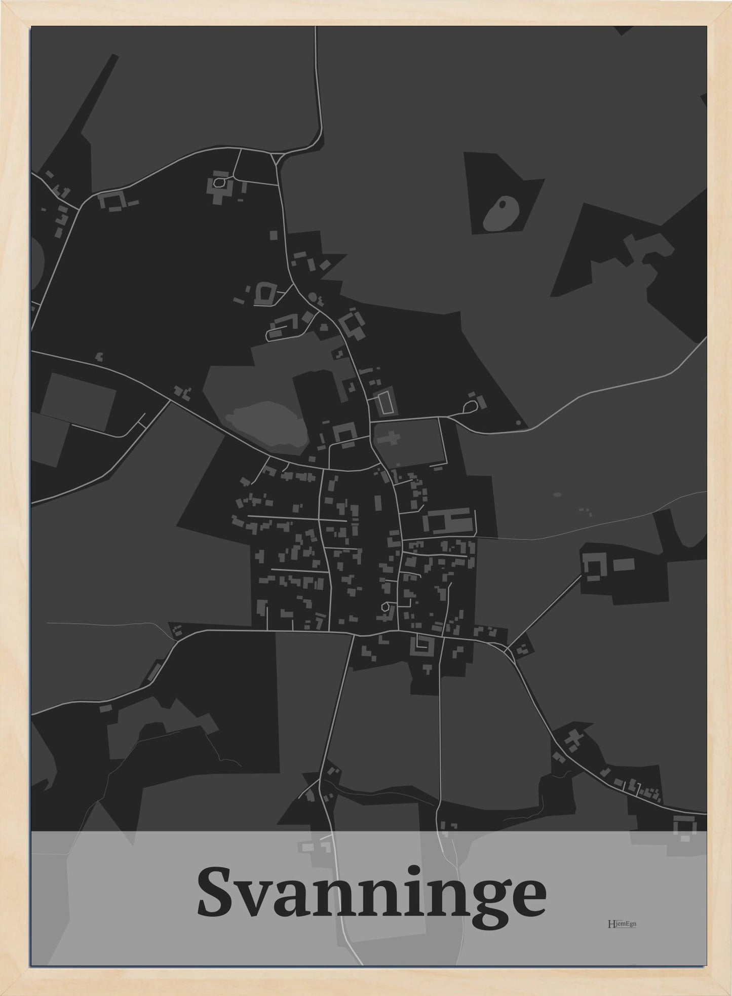 Svanninge plakat i farve mørk grå og HjemEgn.dk design firkantet. Design bykort for Svanninge