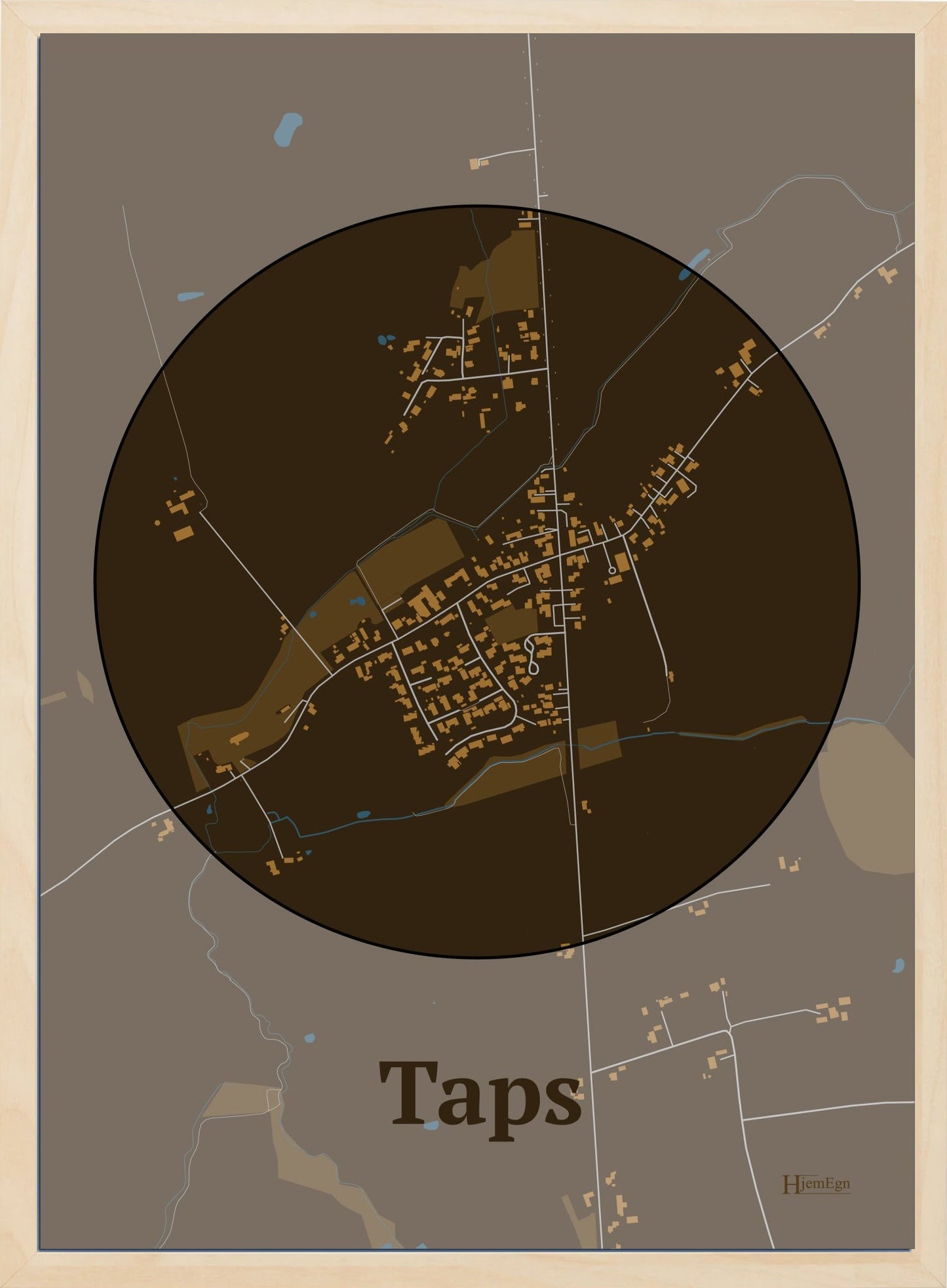 Taps plakat i farve mørk brun og HjemEgn.dk design centrum. Design bykort for Taps