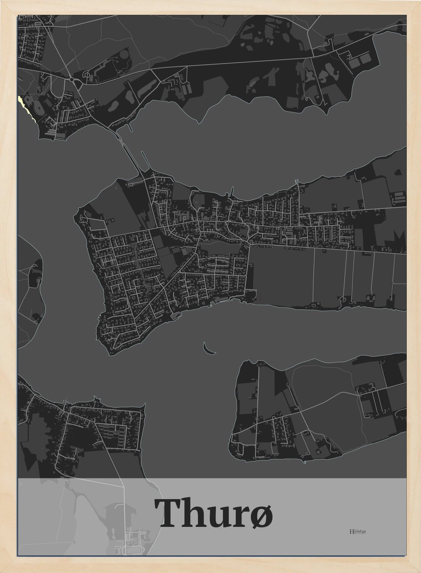 Thurø plakat i farve mørk grå og HjemEgn.dk design firkantet. Design bykort for Thurø