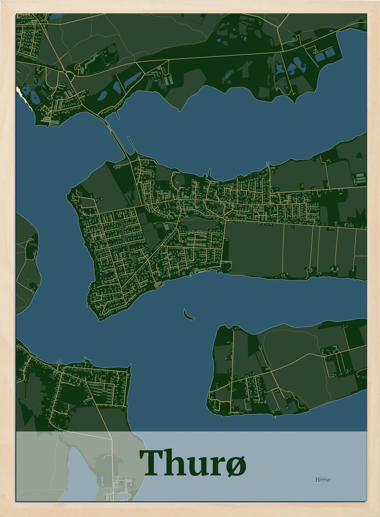 Thurø plakat i farve mørk grøn og HjemEgn.dk design firkantet. Design bykort for Thurø