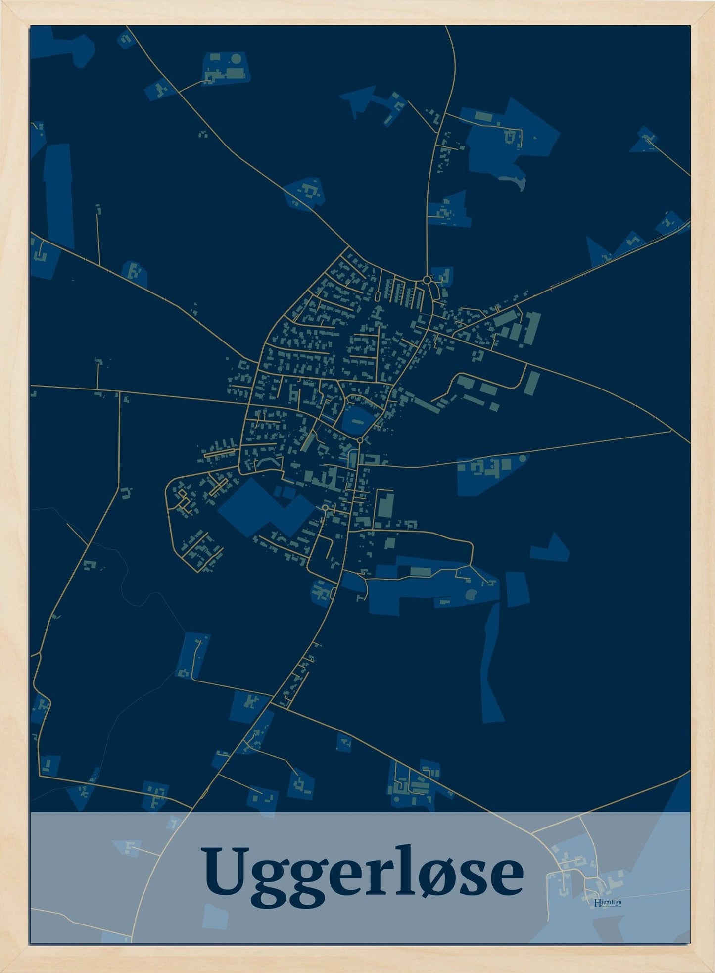 Uggerløse plakat i farve mørk blå og HjemEgn.dk design firkantet. Design bykort for Uggerløse