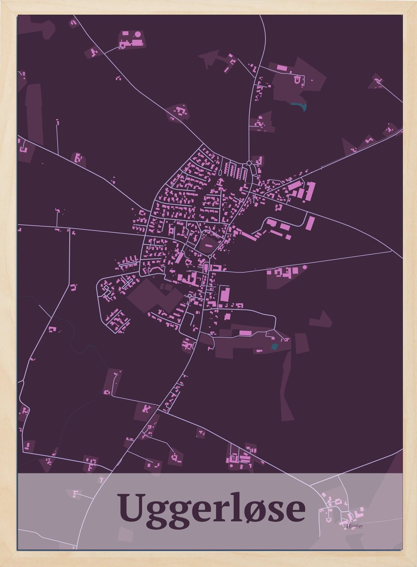 Uggerløse plakat i farve mørk rød og HjemEgn.dk design firkantet. Design bykort for Uggerløse