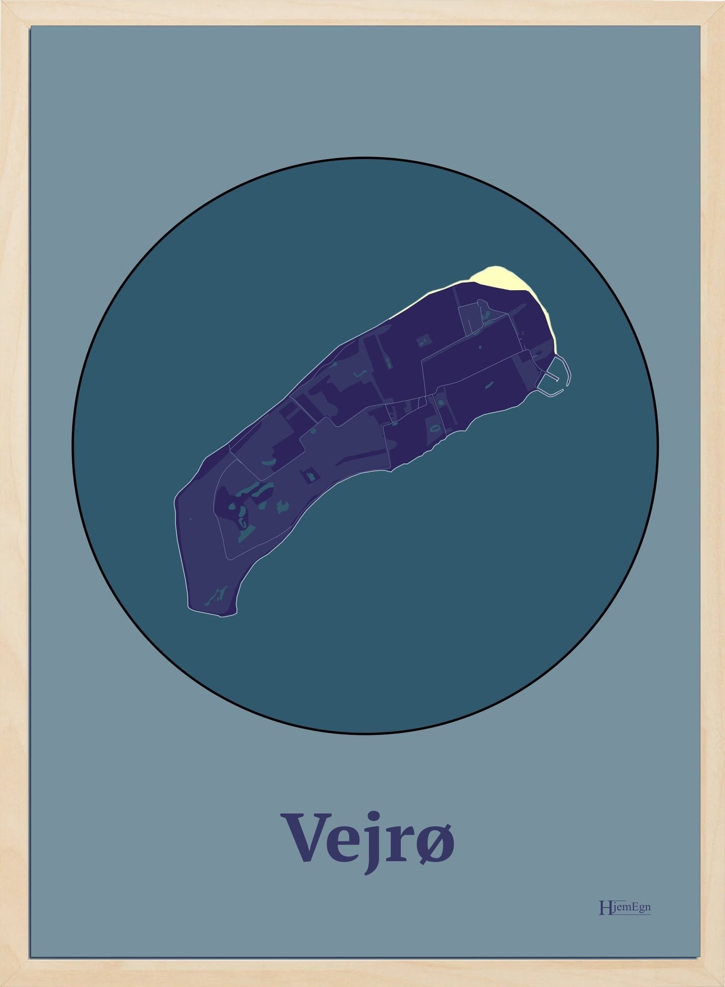 Vejrø plakat i farve mørk lilla og HjemEgn.dk design centrum. Design ø-kort for Vejrø