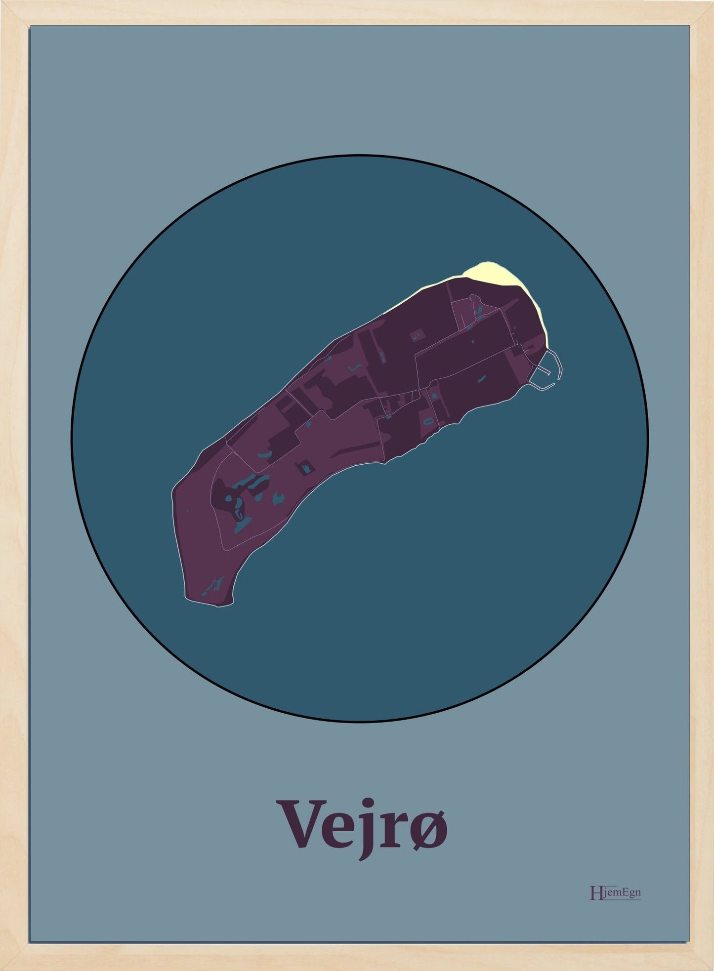 Vejrø plakat i farve mørk rød og HjemEgn.dk design centrum. Design ø-kort for Vejrø