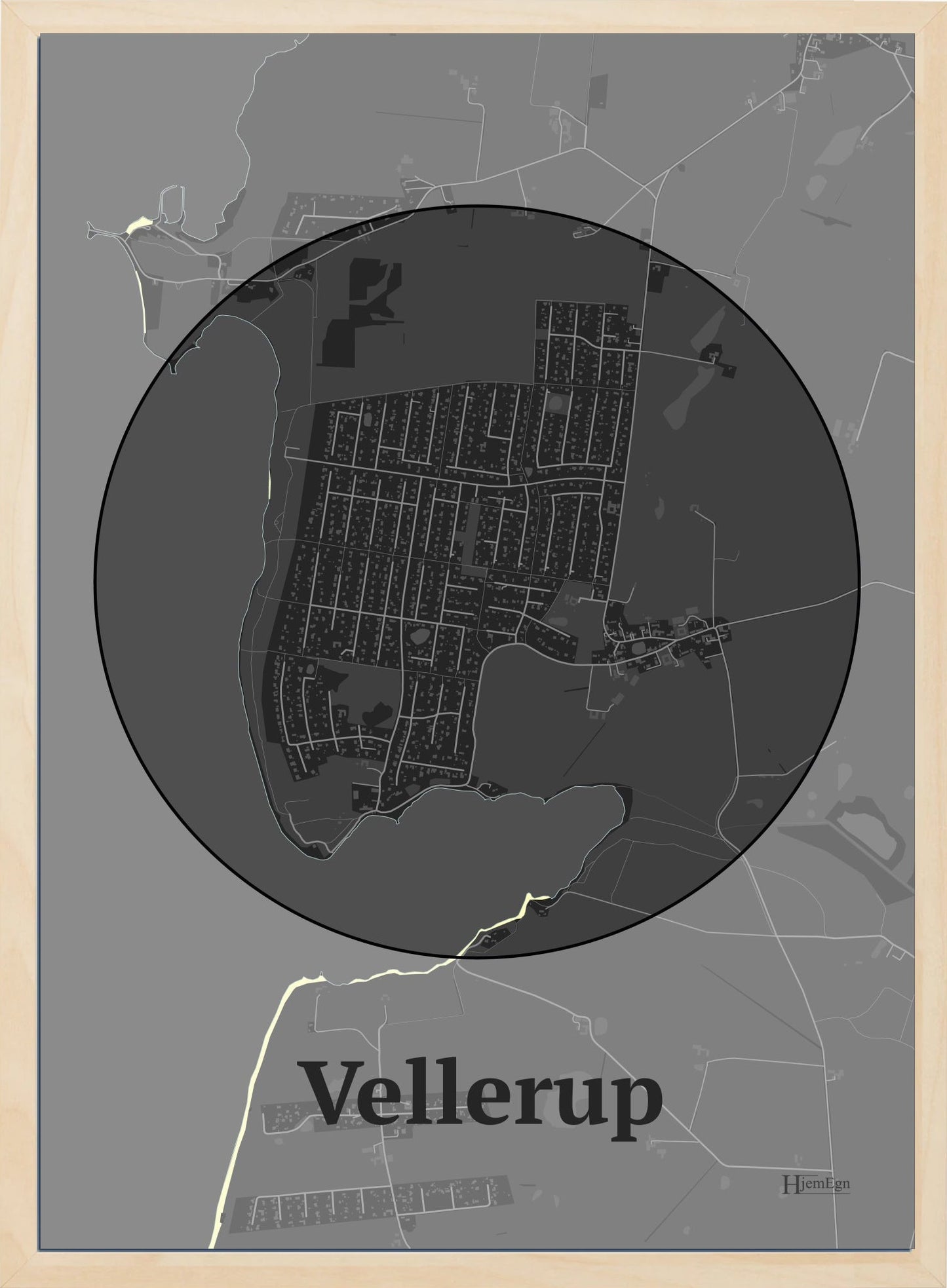 Vellerup plakat i farve mørk grå og HjemEgn.dk design centrum. Design bykort for Vellerup