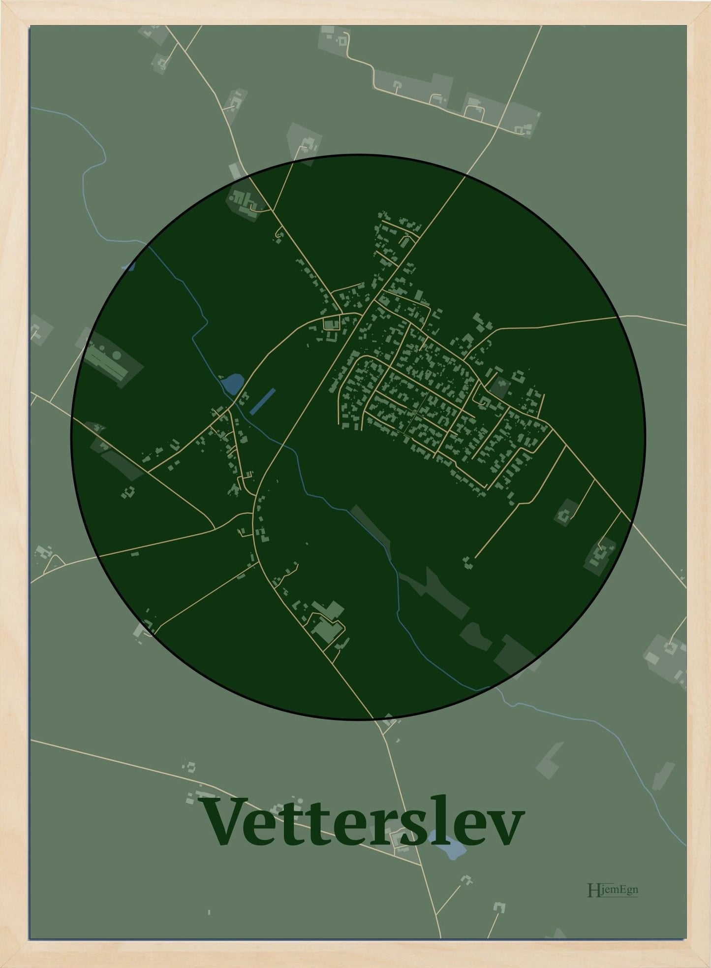 Vetterslev plakat i farve mørk grøn og HjemEgn.dk design centrum. Design bykort for Vetterslev