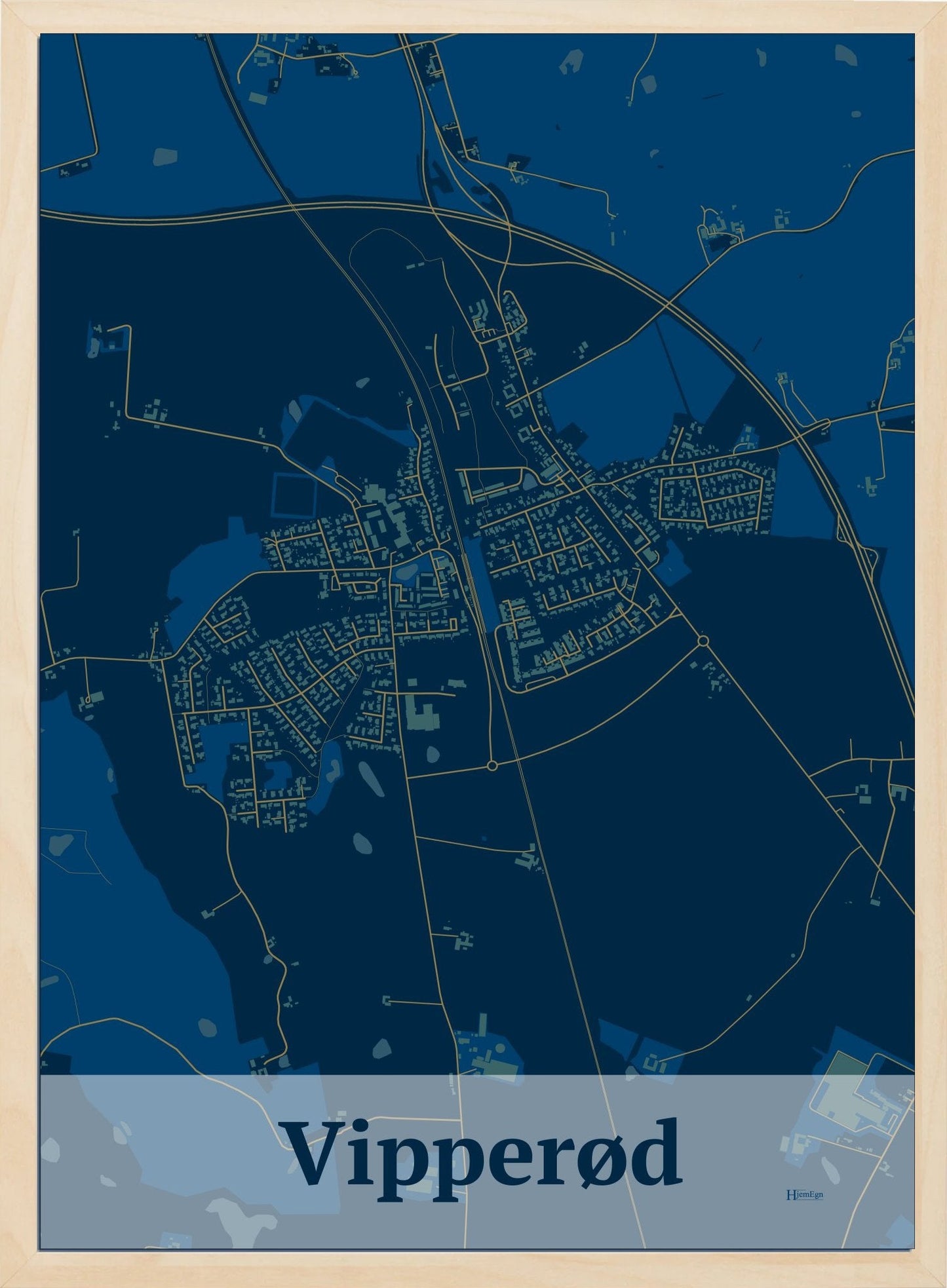 Vipperød plakat i farve mørk blå og HjemEgn.dk design firkantet. Design bykort for Vipperød
