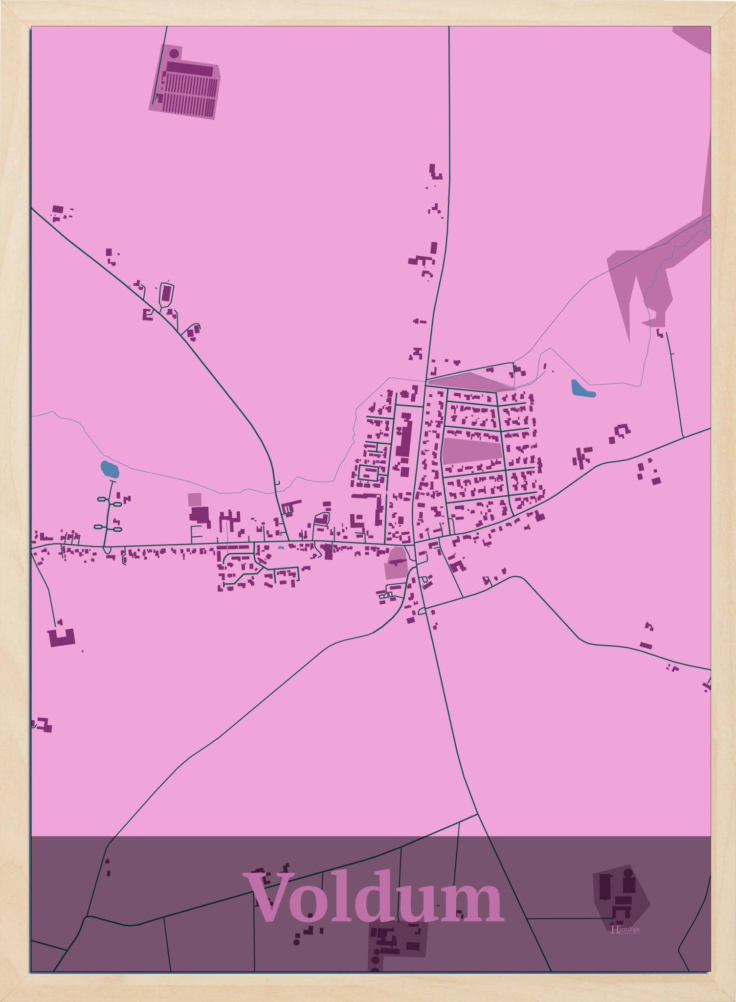 Voldum plakat i farve pastel rød og HjemEgn.dk design firkantet. Design bykort for Voldum