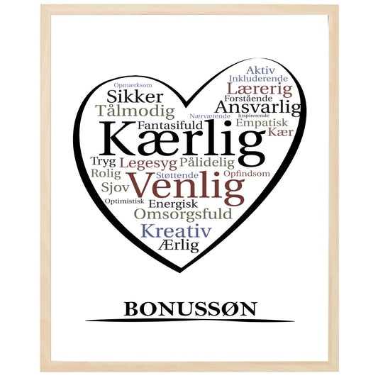 En plakat med overskriften Bonussøn, et hjerte og indeni hjertet mange positive ord som beskriver en Bonussøn