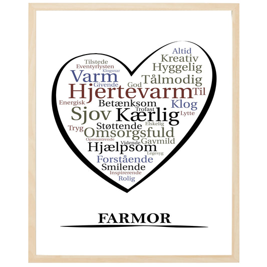 En plakat med overskriften Farmor, et hjerte og indeni hjertet mange positive ord som beskriver en Farmor